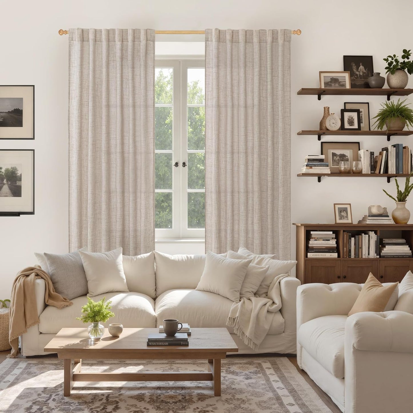 Linen Semi Sheer Curtains 72 Inch Length 2 Panels for Living Room - Light Filtering Drapes with Rod Pocket Back Tab Rustic Beige Window Treatments for Dining Bedroom, 52 X 72 Inch