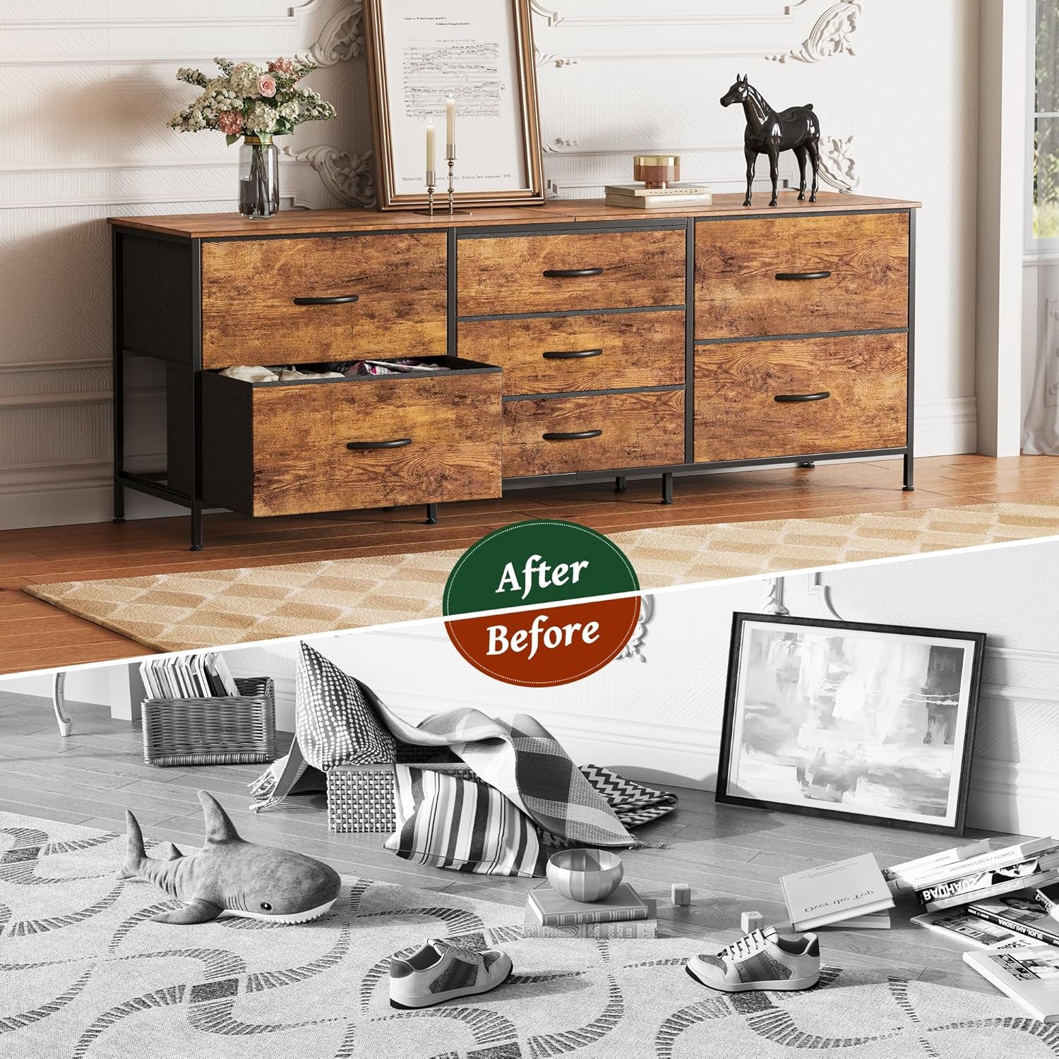 Rustic Brown 63-Inch TV Stand and 7-Drawer Dresser for Bedroom Storage, Suitable for 55 to 70 Inch TVs