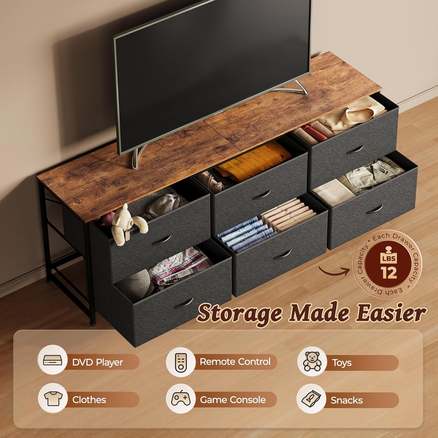 63-Inch Long Dresser and Wide TV Stand for 55-70 Inch TVs, 6-Drawer Storage Organizer with Fabric Drawers, Rustic Brown and Black Finish for Bedroom and Entryway