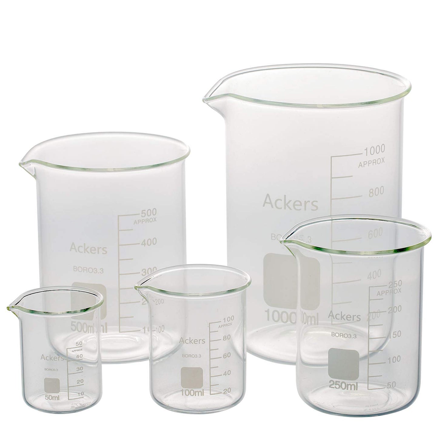 Ackers Boro3.3,Griffin Low Form Scientific Glass Beaker Set-50Ml,100Ml,250Ml,500Ml,1000 Ml (Pack of 5)