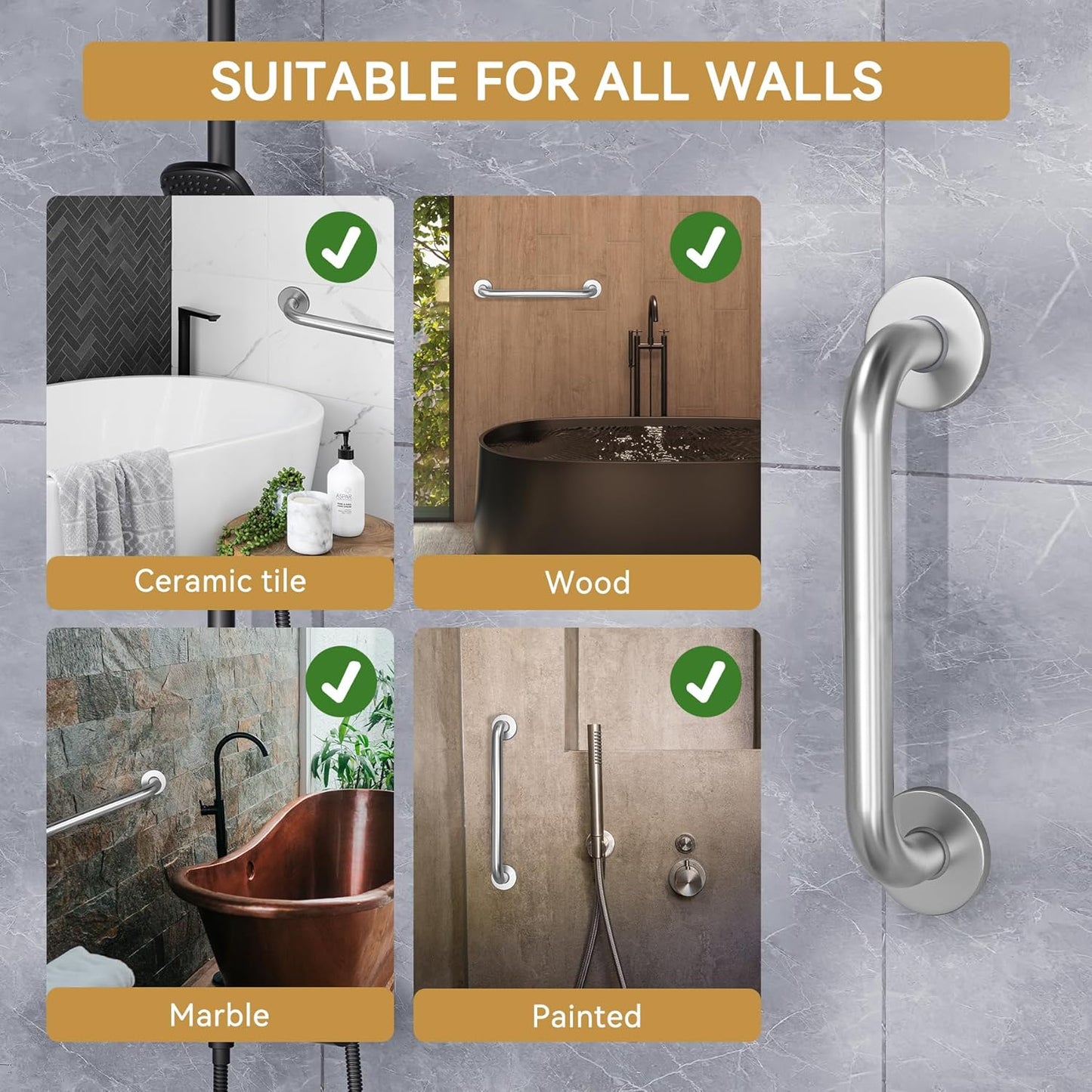 Shower Grab Bars for Bathtubs and Showers, Handicap Grab Bars for Shower anti Slip, Shower Grab Bars for Senior for Wall Stainless Steel, Holds up to 500Lbs, 12" L X 1" D, Brushed Nickel