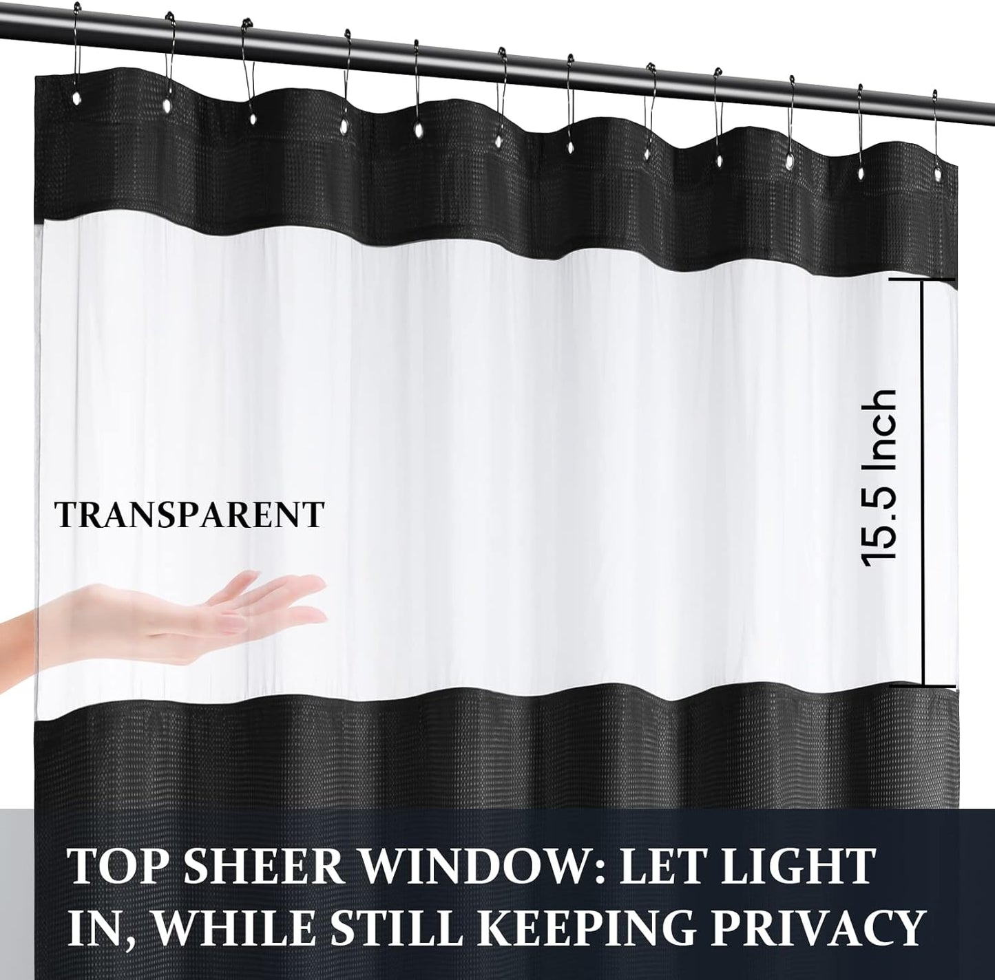 Waffle Weave Shower Curtain Set with Snap-In Fabric Liner, Heavyweight Fabric with 12 Hooks, Waterproof and Washable, Mesh Top Window, 78 "X 72", Black