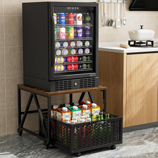 Mini Fridge Stand with Storage, Heavy Duty Fridge Cart with Drawer Basket, Mini Refrigerator Table for 220 LBS, Mobile Fridge Stand with Swivel Wheels for Dorm,Office,Home,Retro Brown