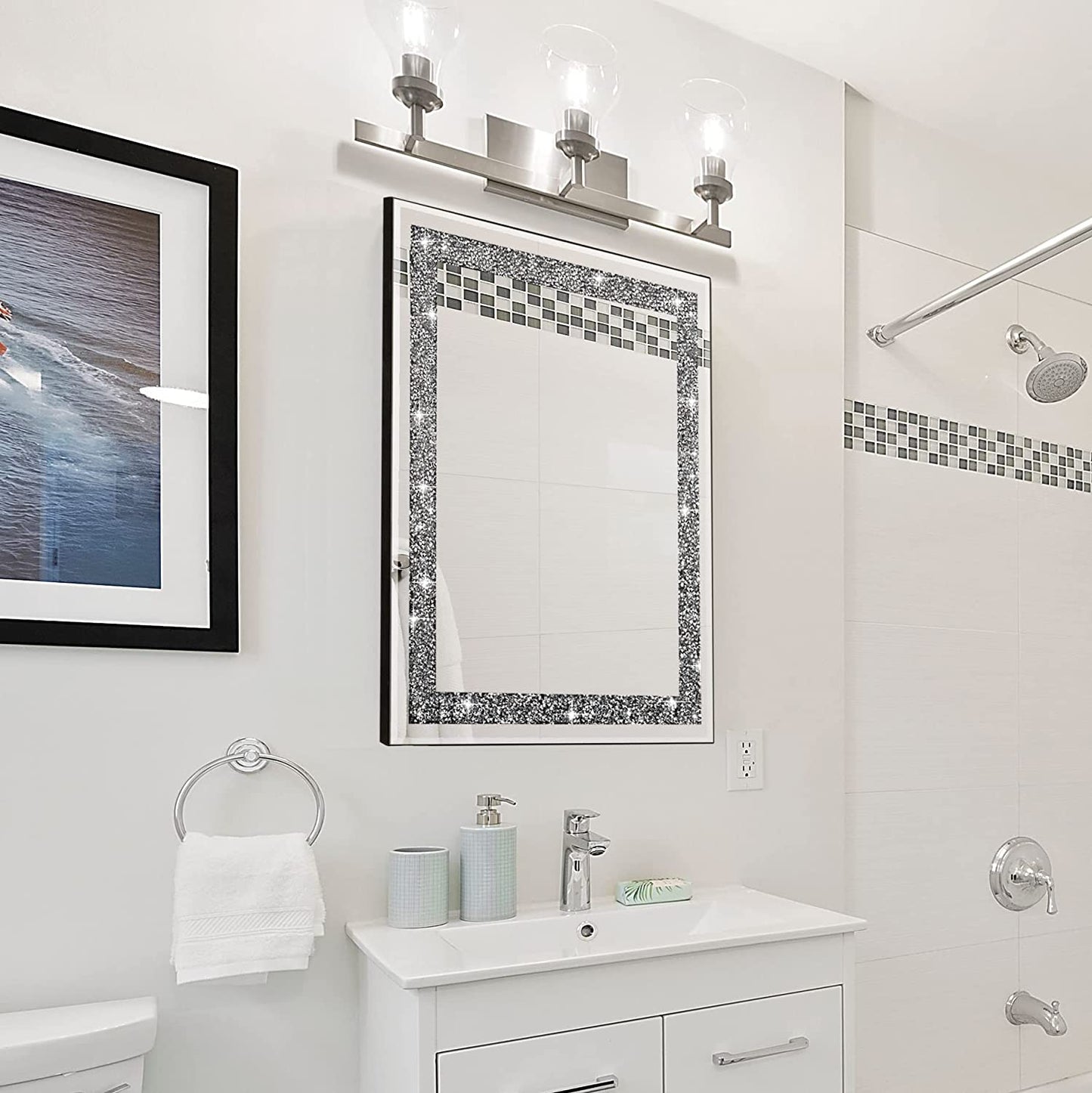 Rectangular Wall Mirror Crystal Crush Diamond Mirror for Home Décor Accent Mirror for Bathroom, Entryway and Bedroom, 16" X 20"