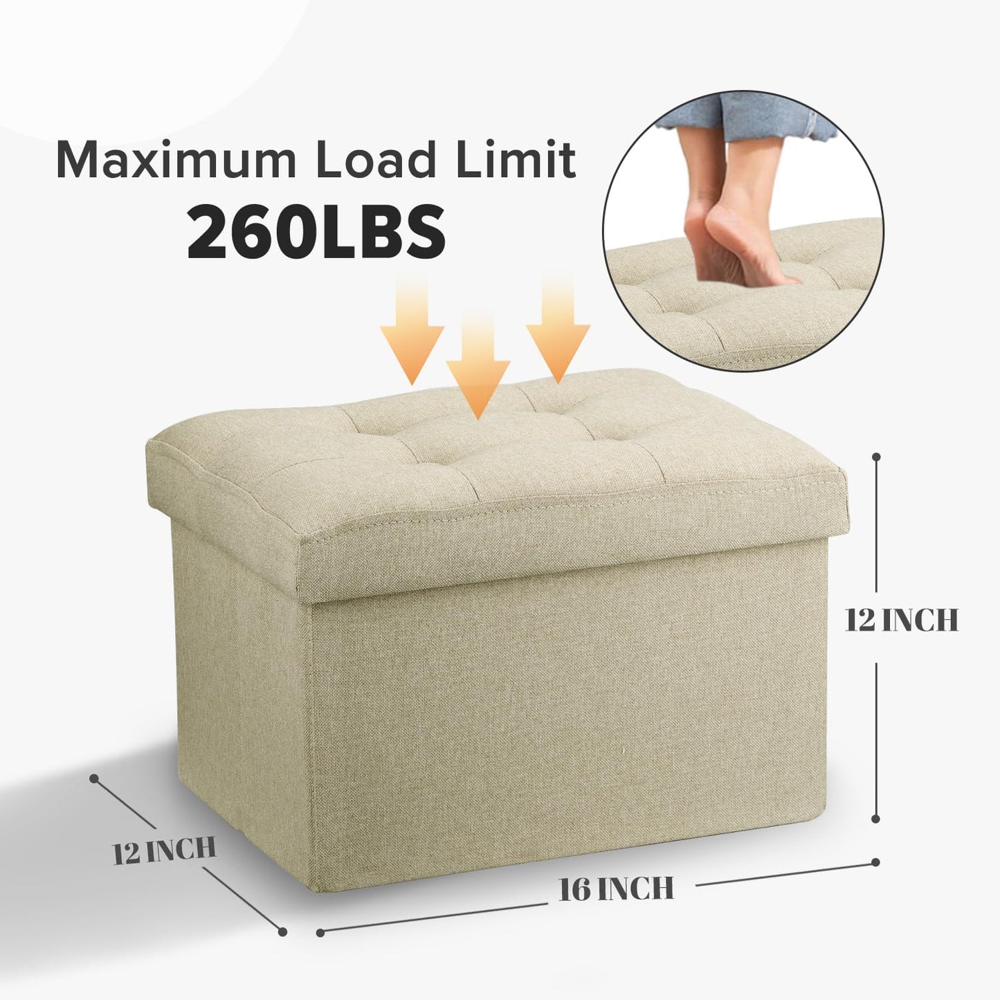 Small Folding Ottoman with Storage - Beige Linen Footrest Stool for Under Desk, 16"x12"x12