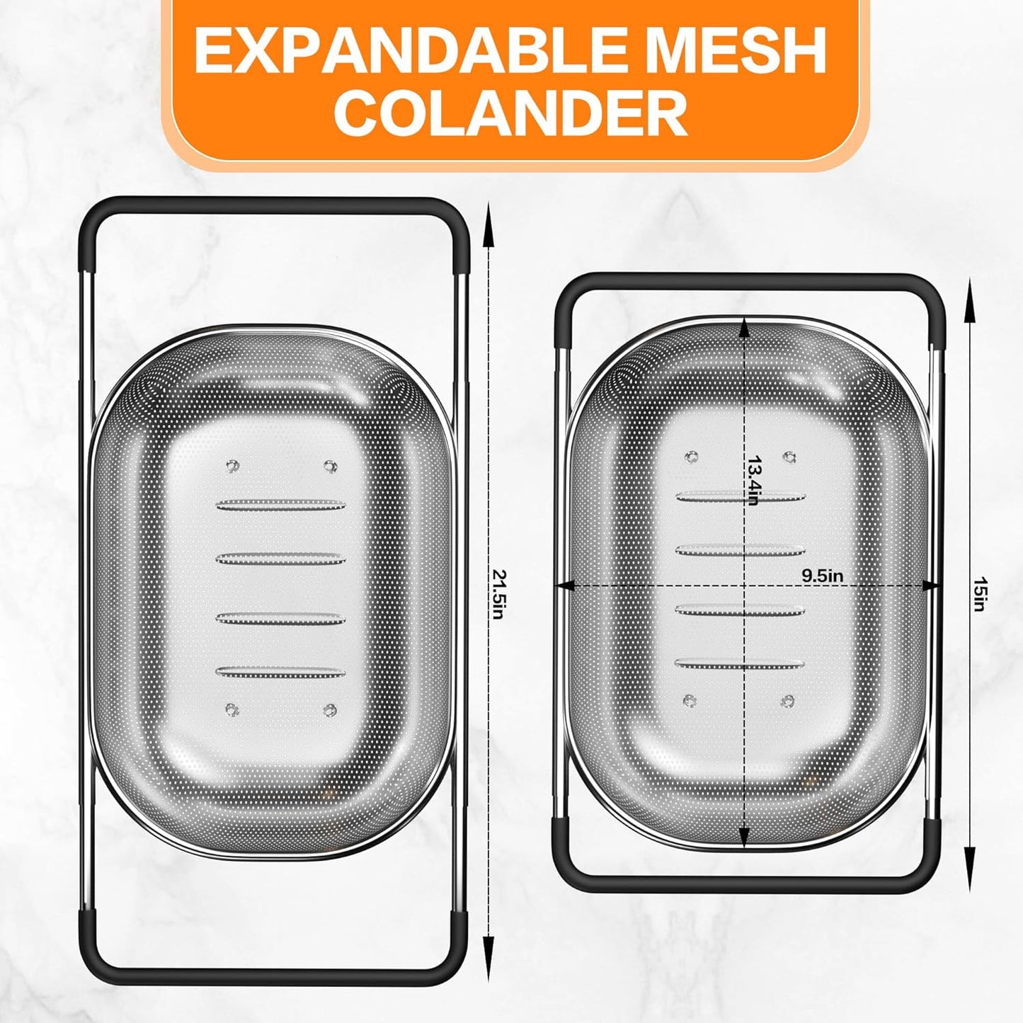 Expandable Over-the-Sink Colander with Rubber Grip - Fine Mesh Strainer for Vegetables, Fruits, and Pasta - Essential Kitchen Tool (9.5W x 13.4-21.3L x 3.3H)