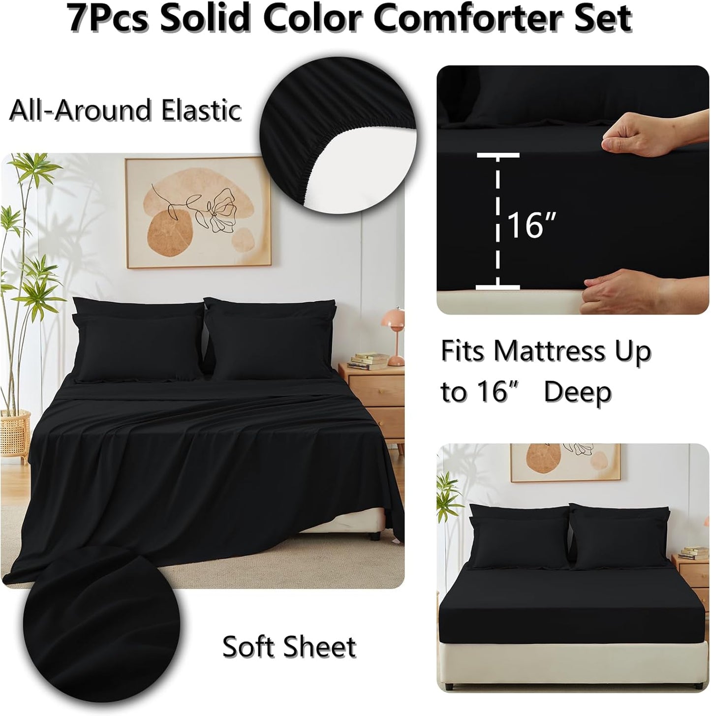 Queen Comforter Set Black, 7 Pieces Bed in a Bag Soft Bedding Comforter Set with Sheets, All Season Boho 7PC Bed Sets with Comforter, Fitted Sheets, Flat Sheets, Pillow Shams and Pillowcases