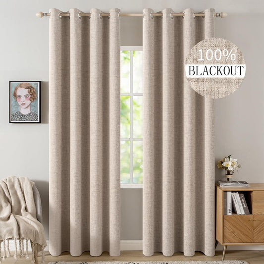 Premium Blackout Linen Textured Curtains - Solid Thermal Insulated Natural Beige Grommet Room Darkening Drapes for Bedroom, Living Room, and Nursery - 52 x 84 Inch (Set of 2 Panels)