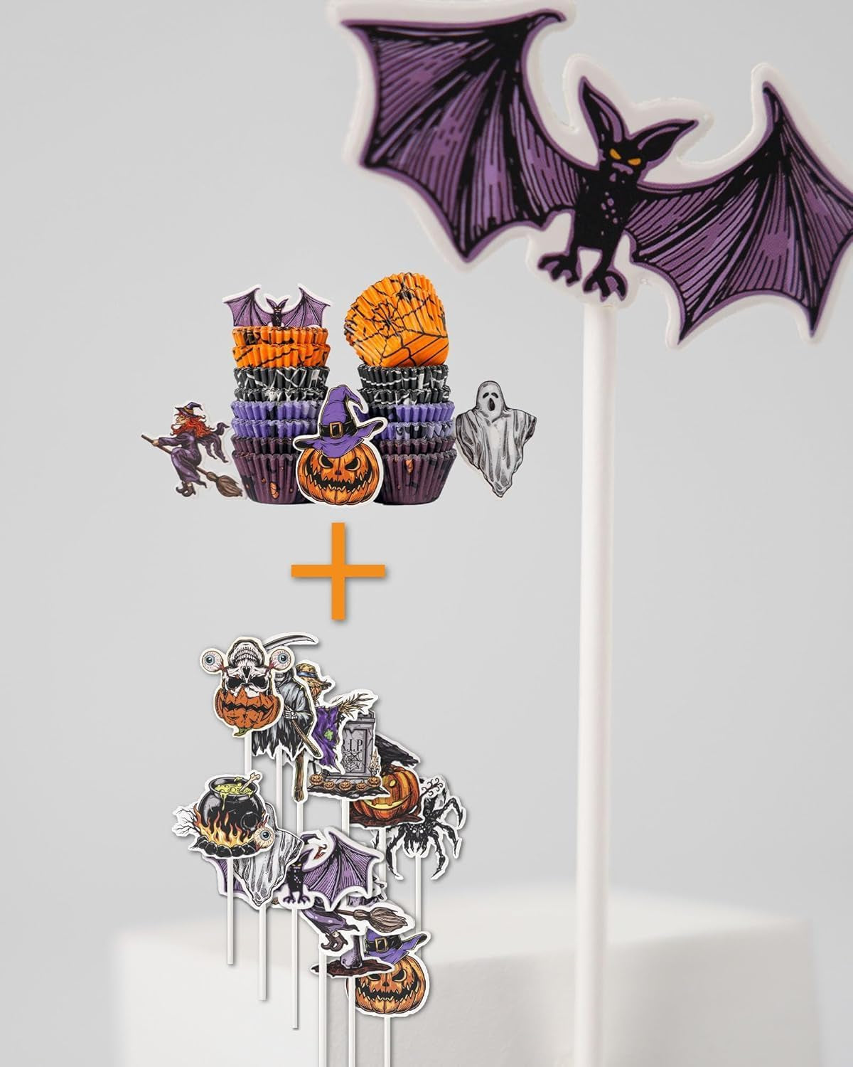 400 Pcs Halloween Mini Cupcake Liners with 12 Pcs Cupcake Toppers, Mini Cupcake Liners for Baking, Halloween Cupcake Decorations