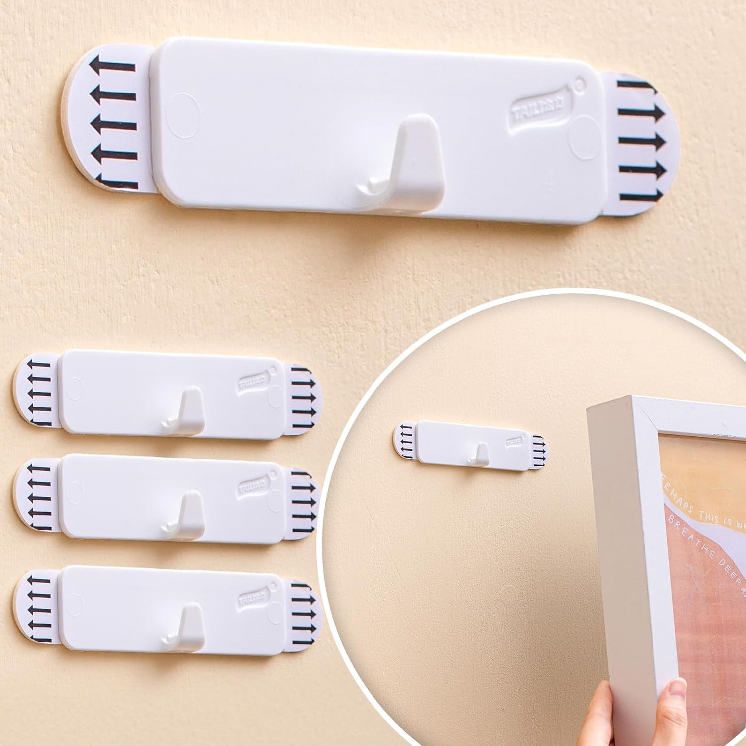 Picture Hangers 4 Pack, Adhesive Hanging Hooks without Nails, No Damage Sawtooth Hangers, Art Hanger for Bathroom Kitchen Home Door Closet, Inclue 2 Extra Strips
