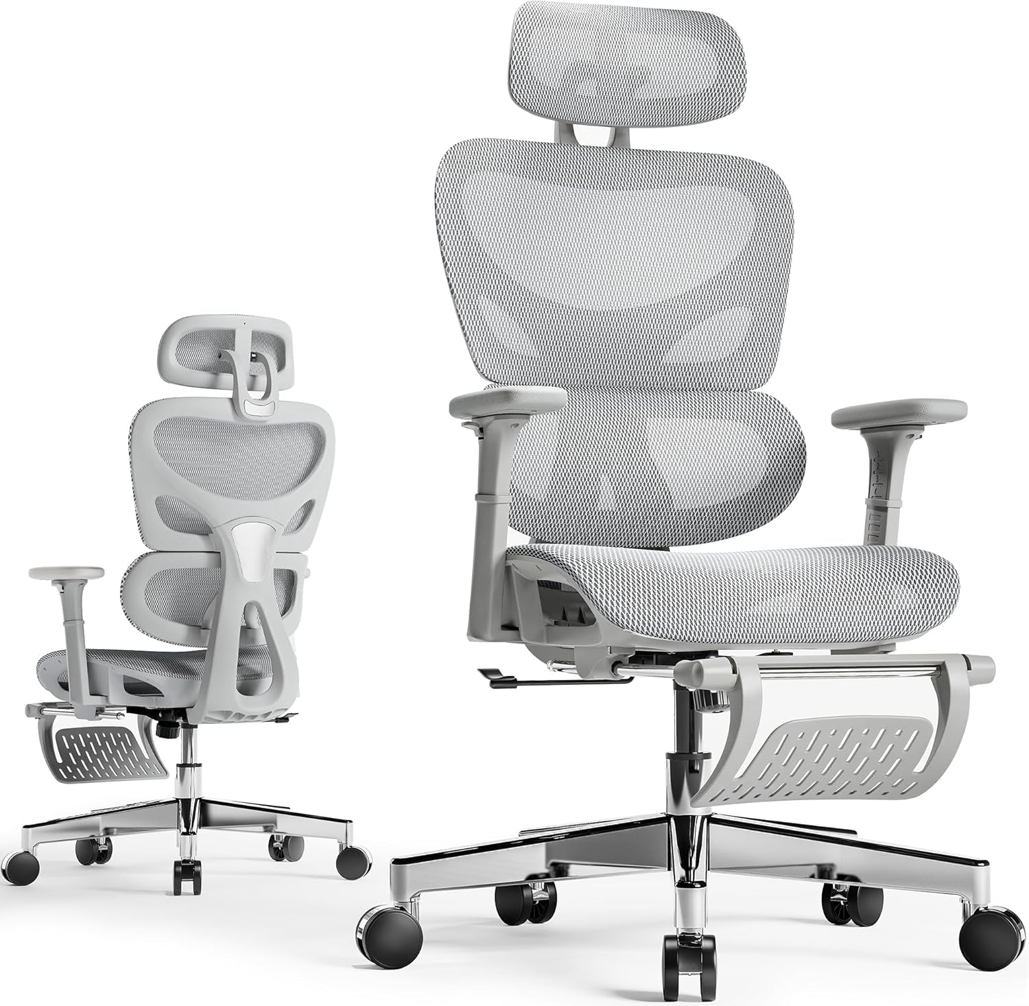 Ergonomic Mesh Office Chair with Footrest and Lumbar Support, Adjustable Gaming Chair with Multi-Tilt Backrest, Headrest, and 3D Armrests, Sturdy Steel Base, Grey