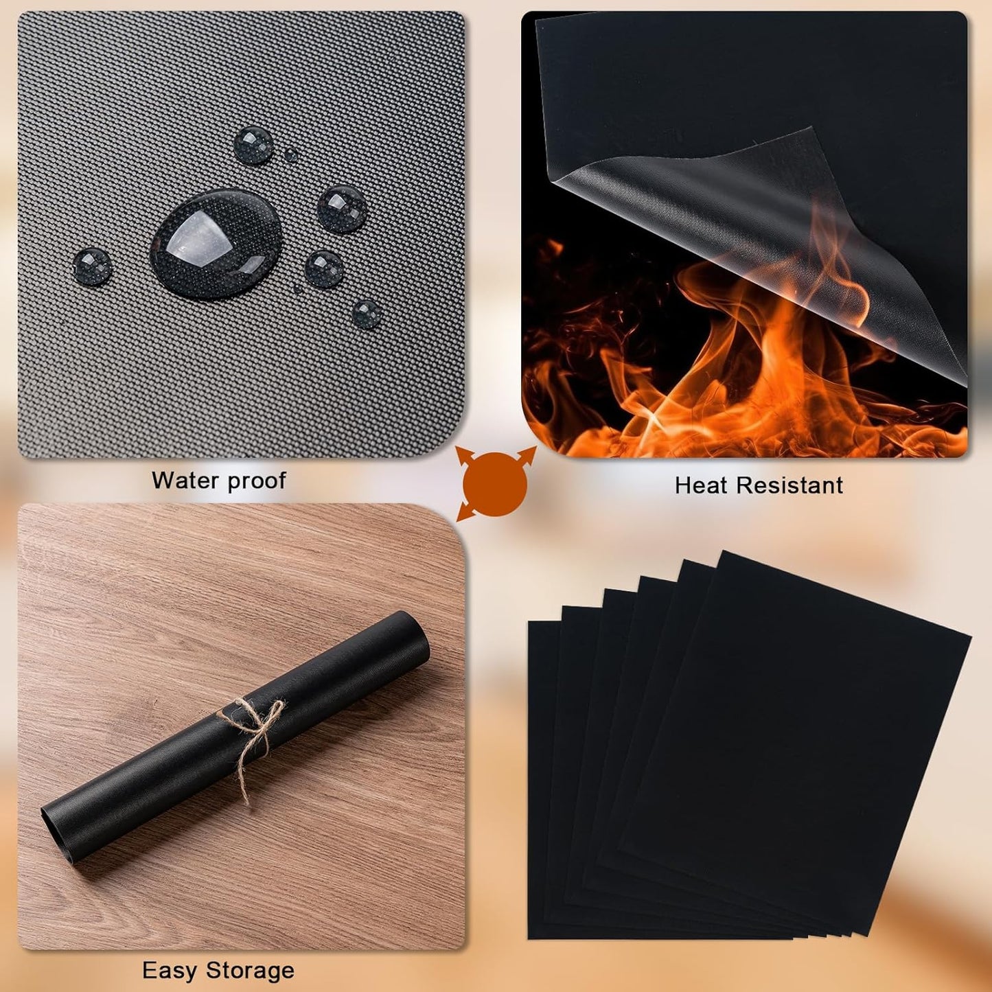 Grill Mats for Outdoor Grill, Set of 6 Reusable Baking Mat Non Stick Heat Resistant Grilling Mat, Grill Accessories Works on Gas Charcoal and Electric BBQ, 15.75 X 13-Inch, Black