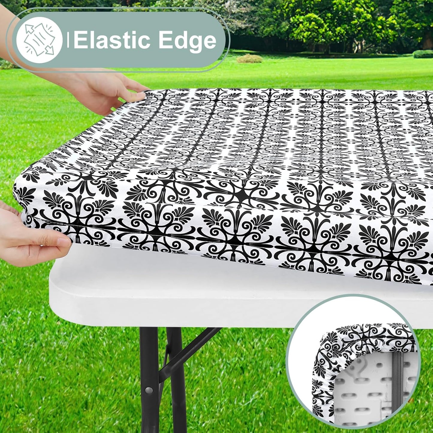 Rectangle Vinyl Table Cloth, Elastic Fitted Flannel Backed Tablecloth, 100% Waterproof Plastic Table Cover Fits 6 Foot Folding Tables for Picnic, Camping, Outdoor (Black, 30" X 72")