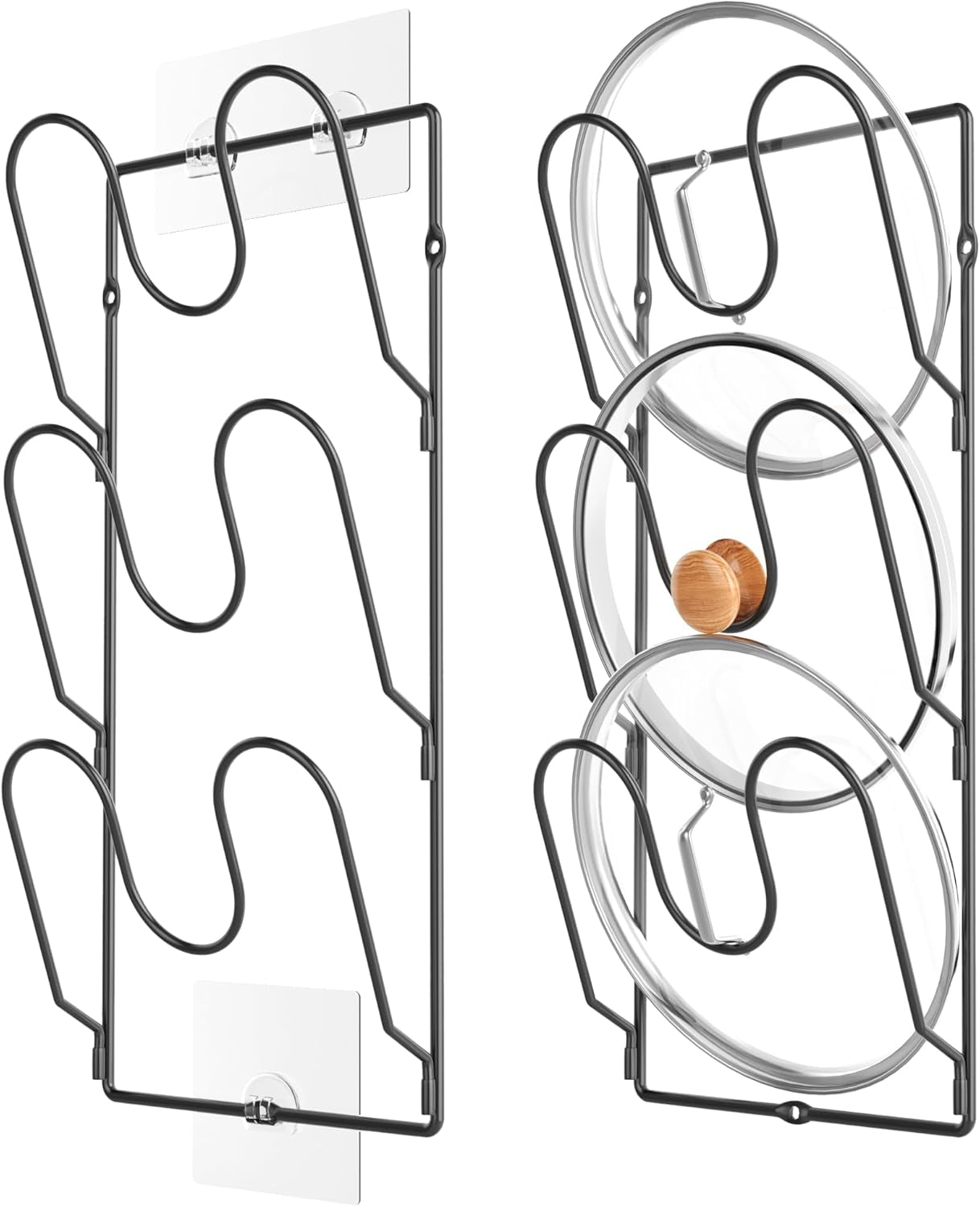 2 Pack Pot Lid Organizer Rack for Cabinet Door/Wall, 6-Tier Pot Lid Holders inside Cabinet Door, No Drilling Adhesive Wall/Door Mounted Rustproof Pots and Pans Lid Organizers for Kitchen Storage Black