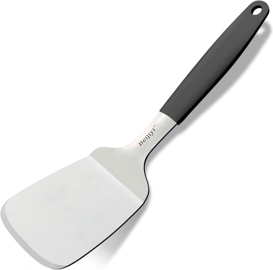 Metal Spatula for Cast Iron Skillet and Flat Top Grills, 1.5 Mm Thick Stainless Steel Cooking Turner with Full Tang Silicone Handle, Smash Burger Spatula, Egg and Pancake Flipper, 3.7 in Wide
