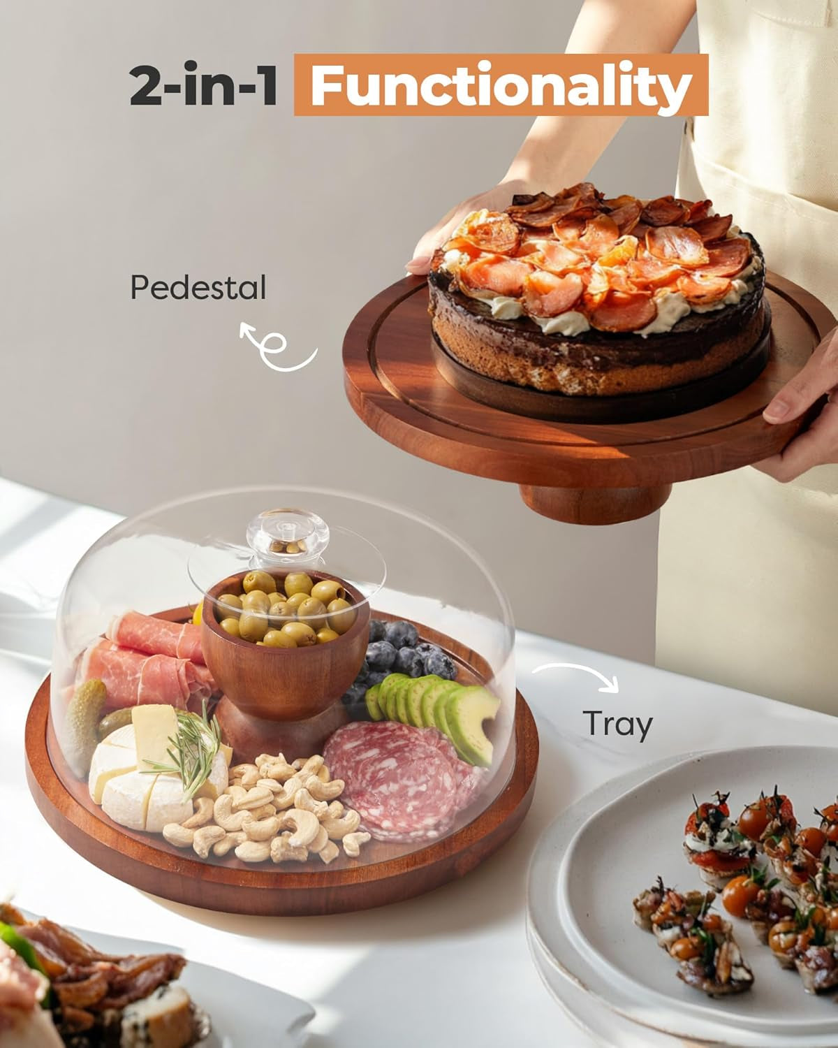 Wood Cake Stand with Lid, 2-In-1 Wooden Cake Plate & Covered Charcuterie Board, Footed Cake Container Dessert Display Holder with Dome Cover for Weddings, Parties, Bakeries (12 Inch)
