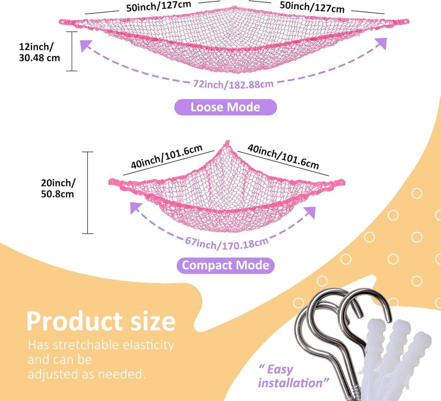 Stuffed Animal Net Hammock for Plushie Toys, Stuffed Animal Hammock Corner for Kids' Room Decor, Ideas for Organizing Stuffy Collection, 2 Pack, Pink