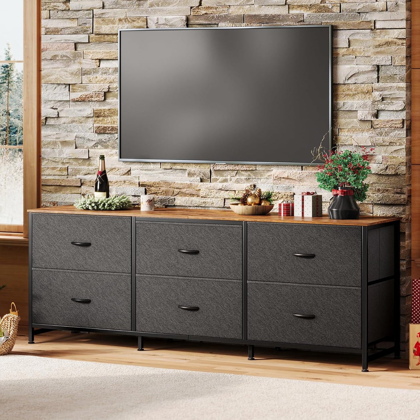 63-Inch Long Dresser and Wide TV Stand for 55-70 Inch TVs, 6-Drawer Storage Organizer with Fabric Drawers, Rustic Brown and Black Finish for Bedroom and Entryway