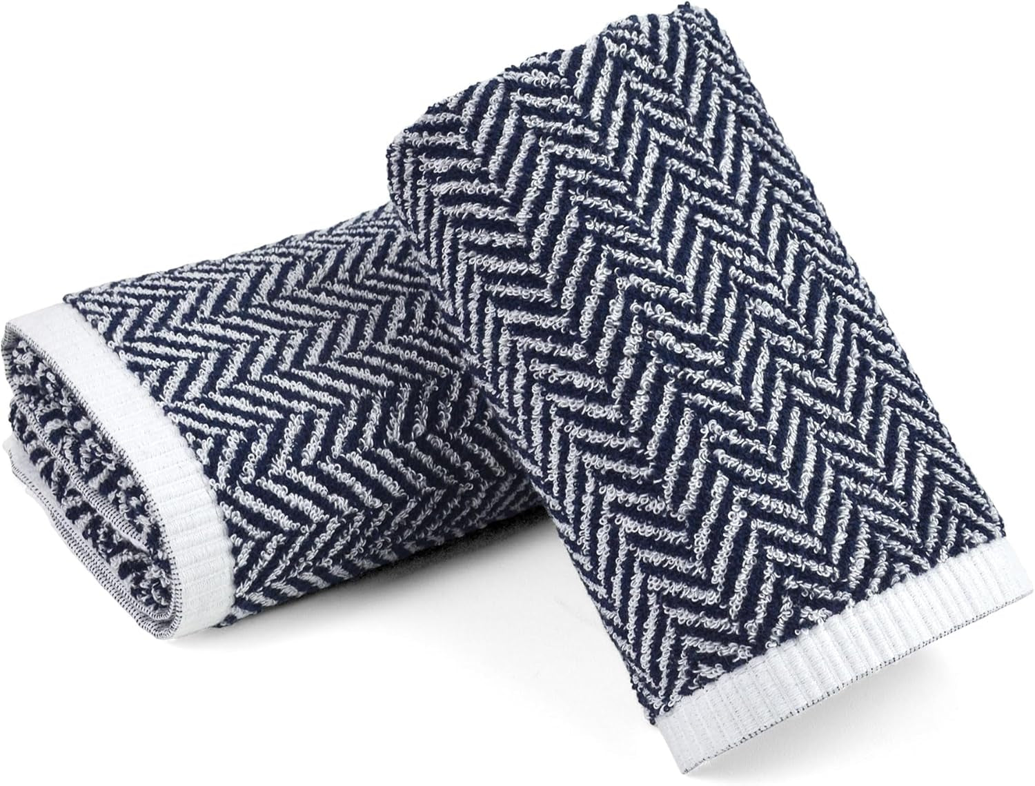 Hand Towels for Bathroom with Decorative Herringbone Stripes, 100% Cotton, 13 X 28 Inches, Navy-Blue and White, 2 Pack