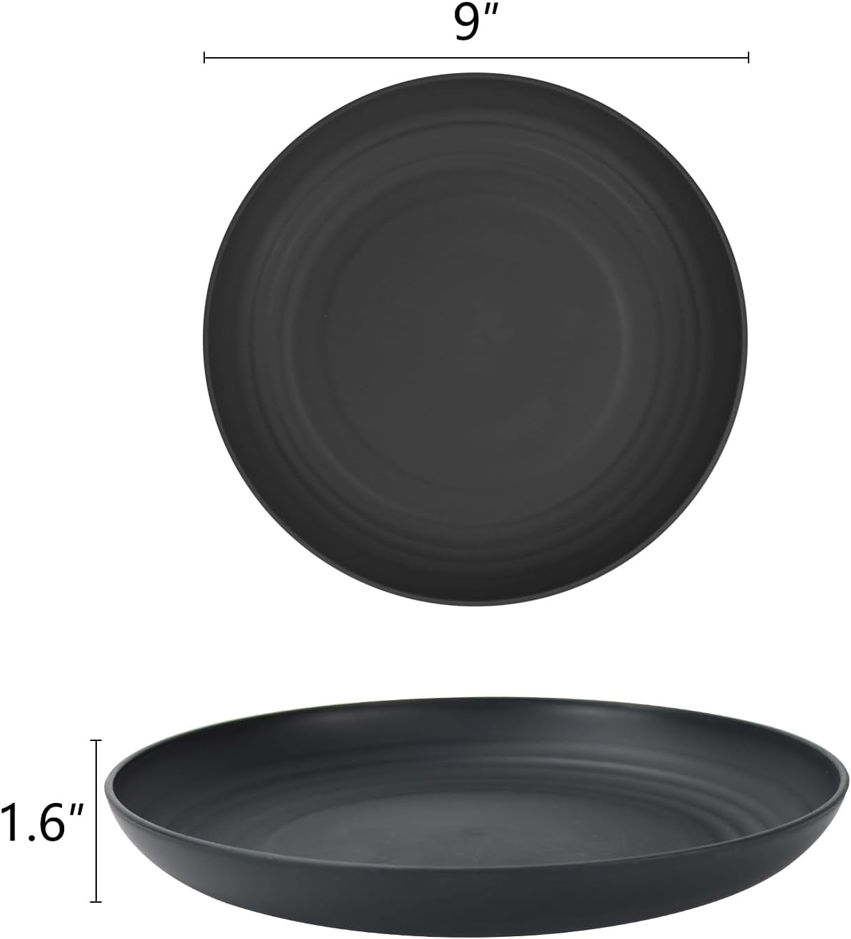 Wheat Straw Deep Dinner Set of 8 - Eco-Friendly, Microwave & Dishwasher Safe, Unbreakable Plates for Kids - Black, 9 Inch