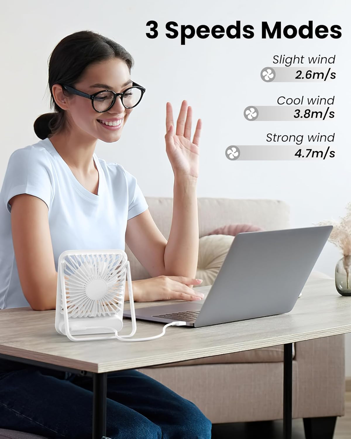 USB Desk Fan, Strong Wind Ultra Quiet Small Personal Fan with 180° Tilt Folding and 3 Speeds Adjustable, USB-C Corded Powered Mini USB Fan for Office Desktop Bedroom White, NO BATTERY