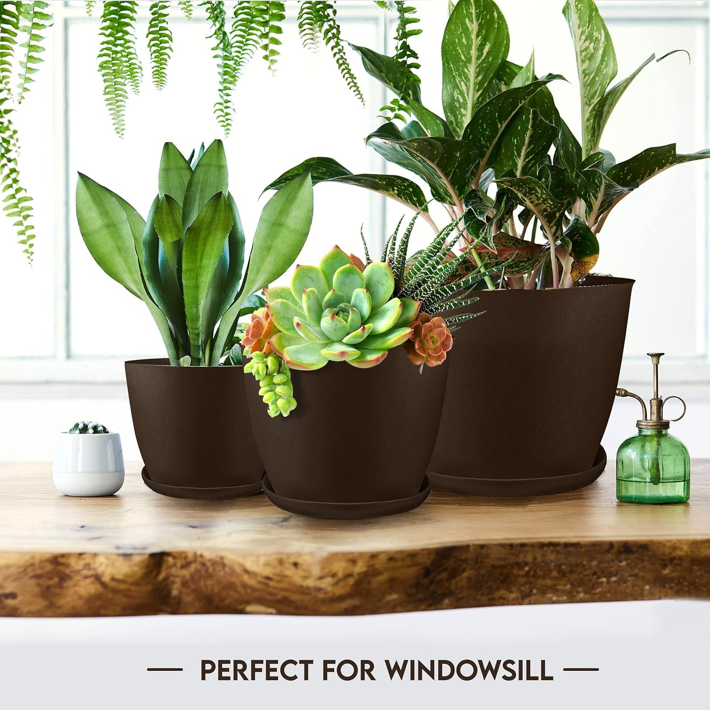 Plastic Planters - Flower Nursery Pots Indoor Modern Decorative Plastic Pots for Plants, Succulents, Flowers, and Cactus (5 Pack, Multisize, Brown)