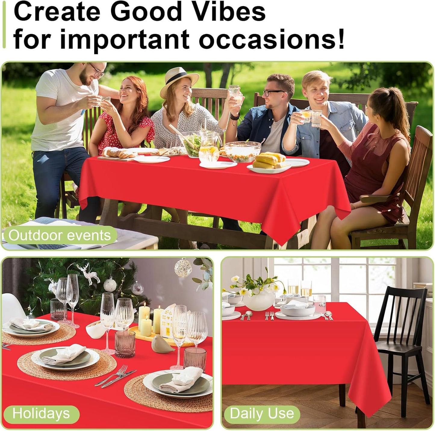 Plastic Table Cloth Disposable 2 Pack, 54 X 108 Inch Tablecloths for Rectangle Tables, Red Plastic Table Cover