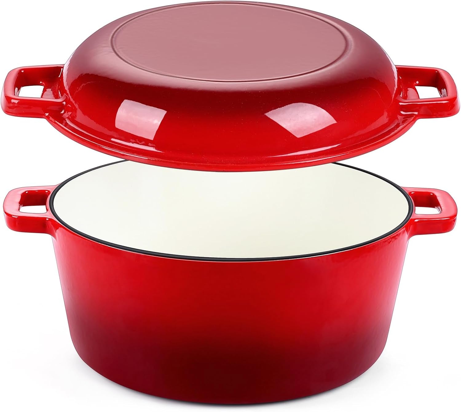 5Qt Dutch Oven Pot for Bread Baking (Red), 2 in 1 round Cast Iron Dutch Oven with Lid Set, Skillet & Pot for Roasting Braising Stewing Frying Simmering, Multi Stoves & Oven Safe