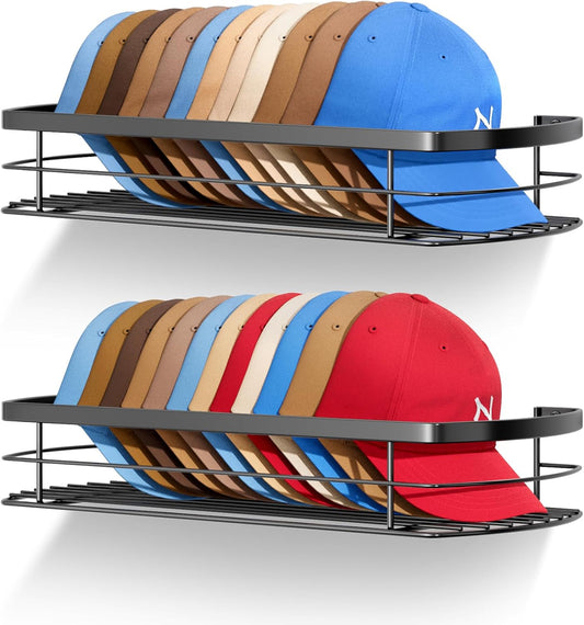 Metal Hat Rack for Wall, Hat Organizer for Baseball Caps Holds 22 Pcs Wall Mounted Snapback Storage Organizer Fits All Caps Shelves Holder Display, 2 Packs, Black