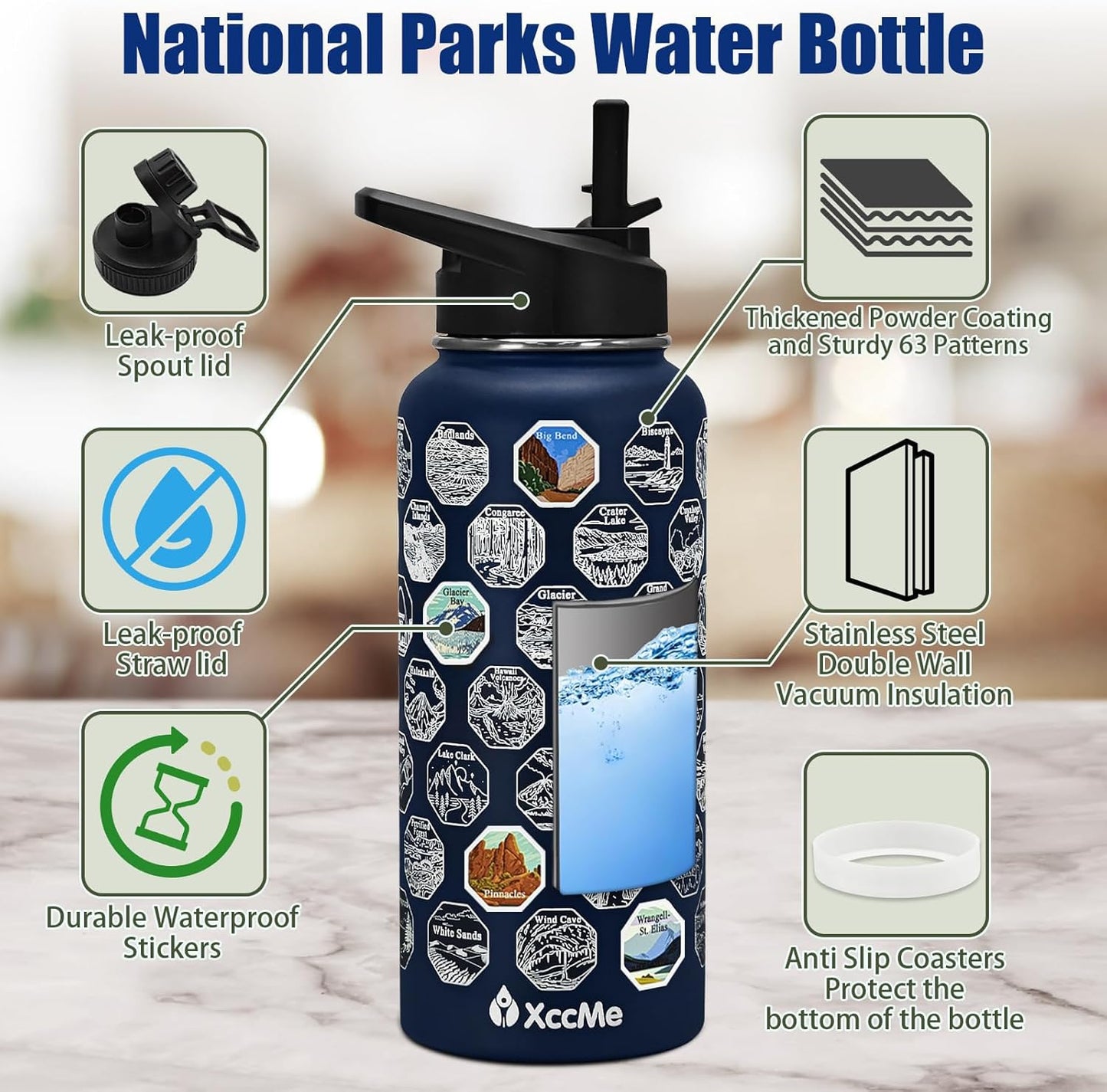 National Parks Water Bottle with Stickers,32 Oz Stainless Steel Insulated Water Bottle with Straw,2 Lids,Leak Proof Metal Water Cup for Hiking,Travel,Sports,Camping,Wide Mouth Bottle