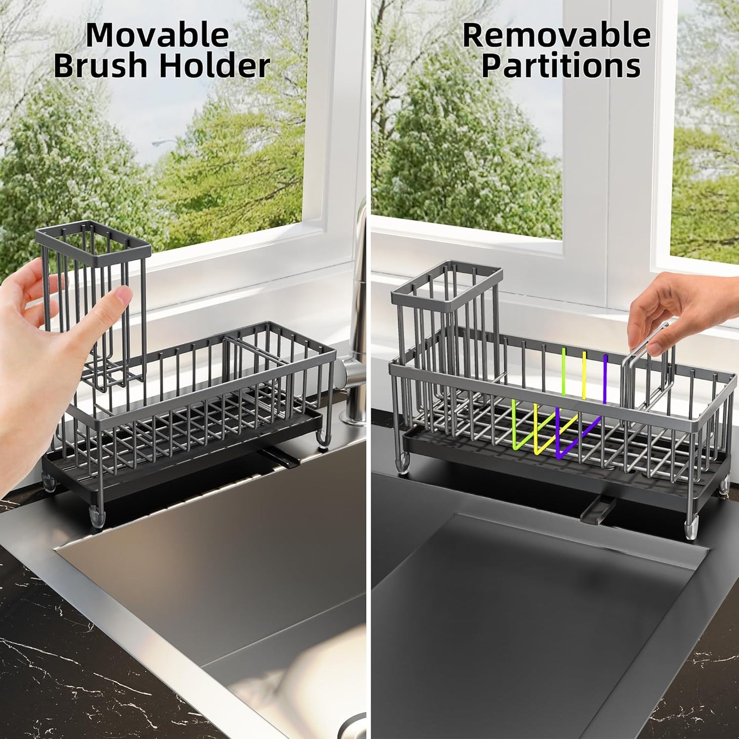 Extra Large Sponge Holder for Kitchen Sink Organizer Caddy, Dish Brush Scrubber Holder,Stainless Steel Sink Box Utensil Holder,Soap Dispenser Set Tray Counter Accessories(Grey)