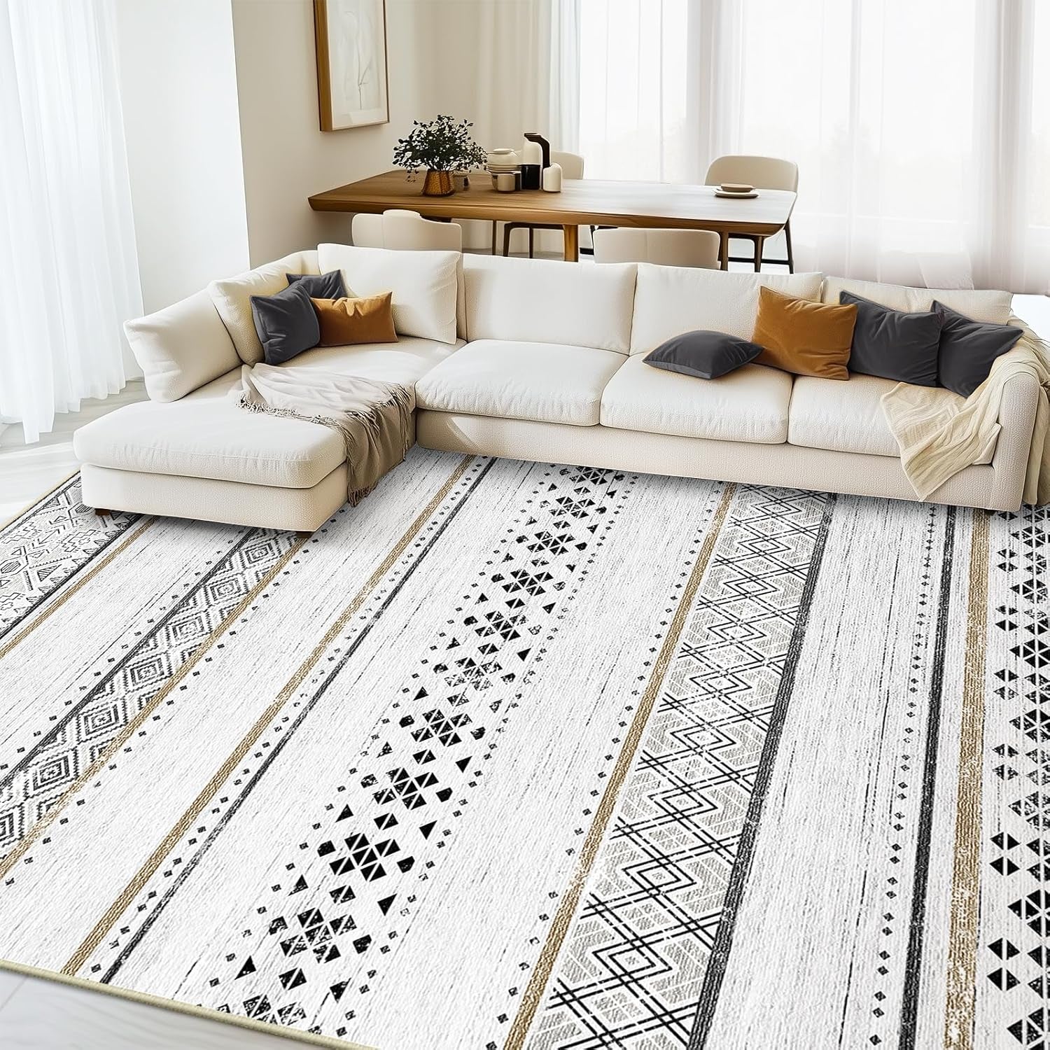 8X10 Area Rugs for Living Room Washable Moroccan Farmhouse Neutral Geometric Low Pile Non-Slip Soft Print Pattern Rug for Bedroom Kitchen Dining Room Entryway Black/Brown