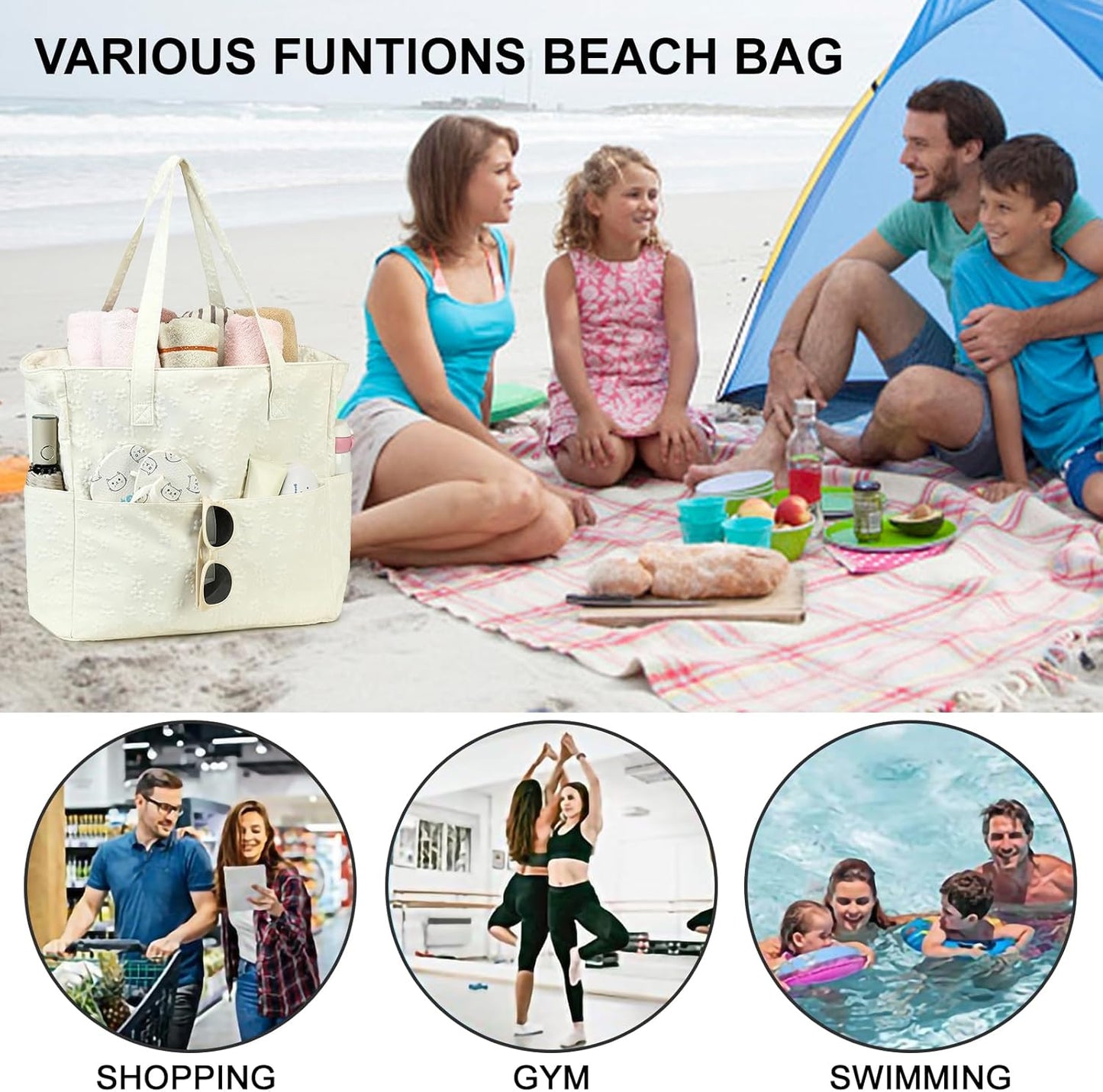 Waterproof Beach Tote Pool Bags for Women Ladies Extra Large Gym Tote Carry on Bag with Wet Compartment for Weekender Travel