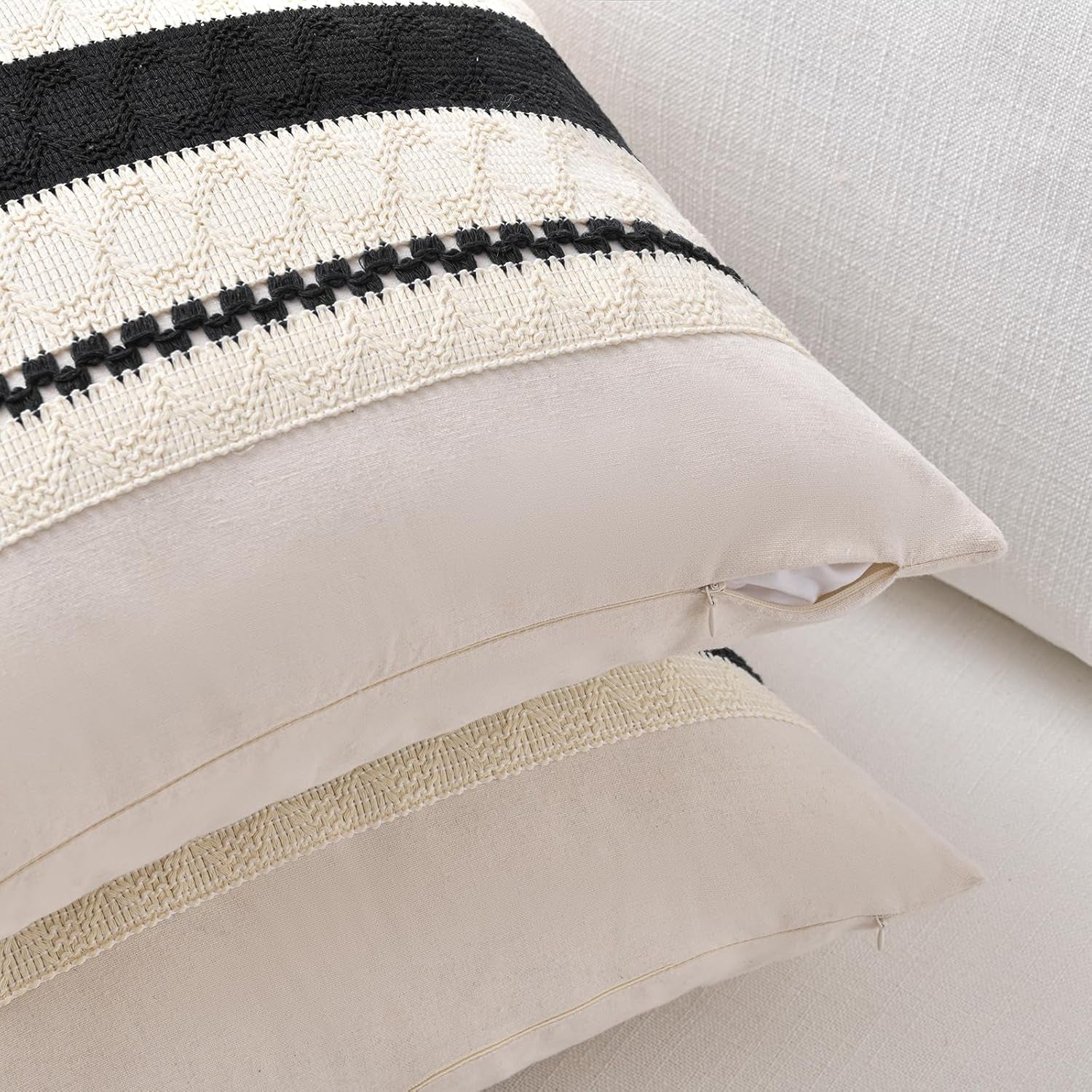 Set of 2 Boho Black Decorative Throw Pillow Cover 18X18 Inch for Couch Bed Sofa, Aesthetic Modern Organic Farmhouse Home Decor, Soft Cotton Cute Accent Macrame Woven Cushion Case