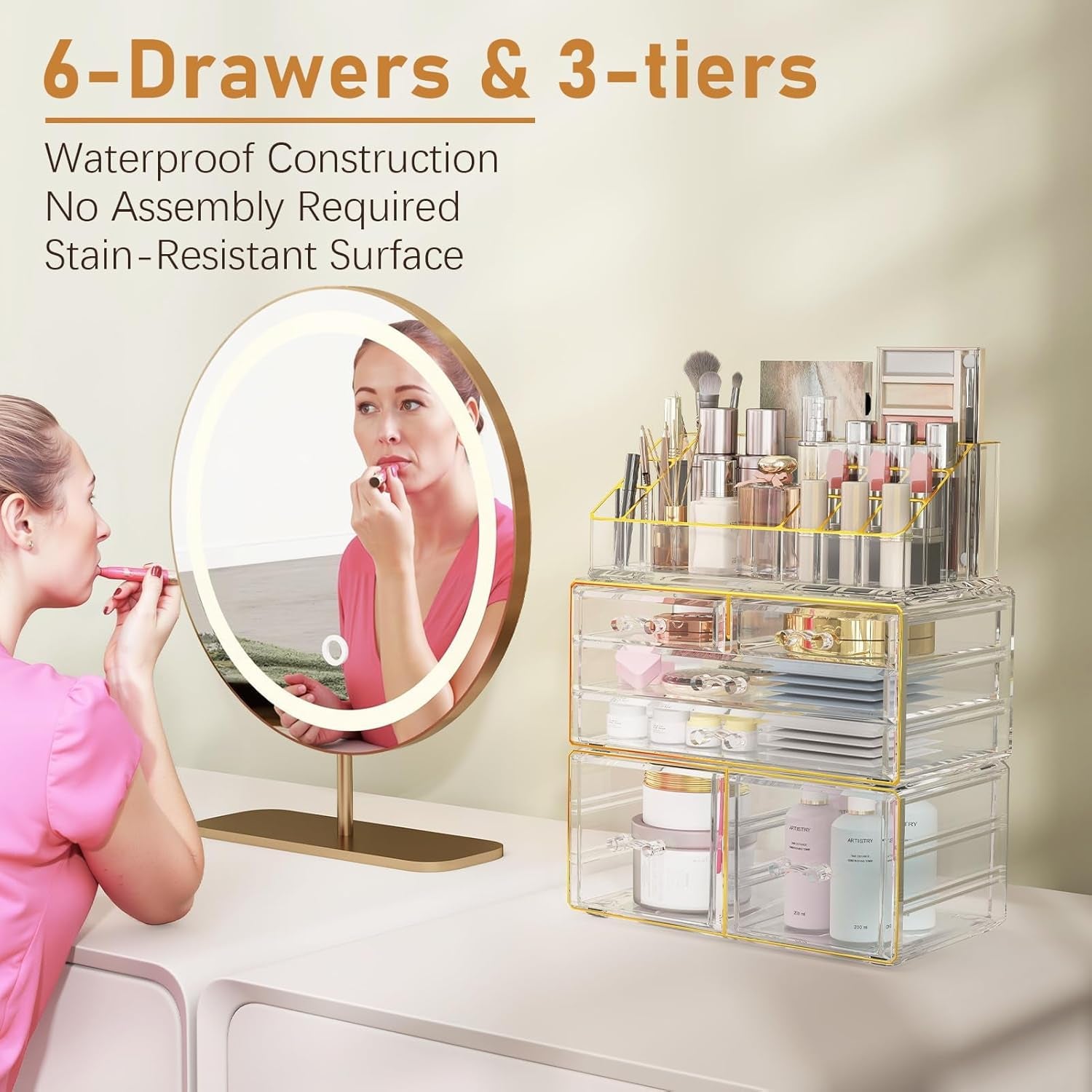 3-Tier Acrylic Makeup Organizer Countertop - Cosmetic Organizer with 6 Drawers, Vanity Organizer for Bathroom/Bedroom, Stackable Makeup Organizers for Lipstick Brush, Skincare, Perfume, Clear