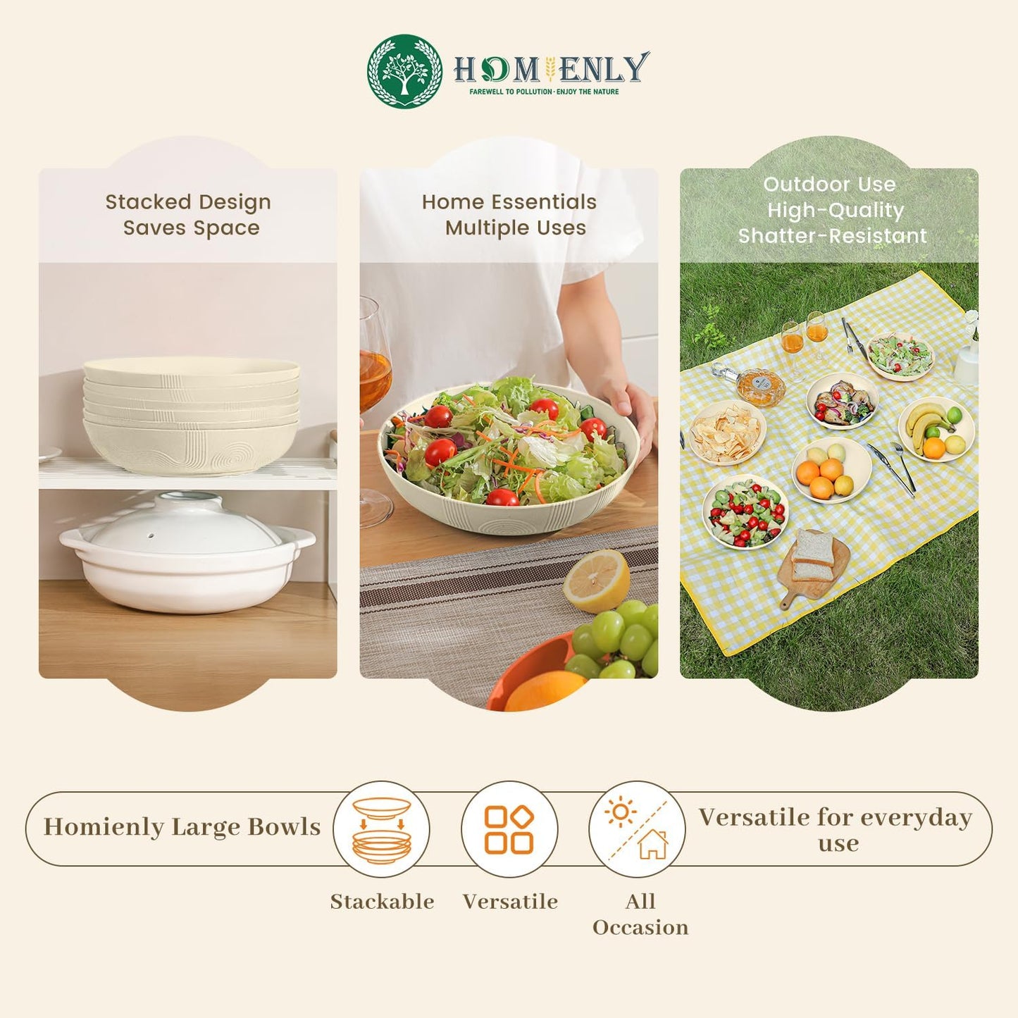 Large 65 Oz Wheat Straw Salad Bowls - Set of 6, 10 Inch Wide and Shallow Serving Bowls, Dishwasher Safe, Beige