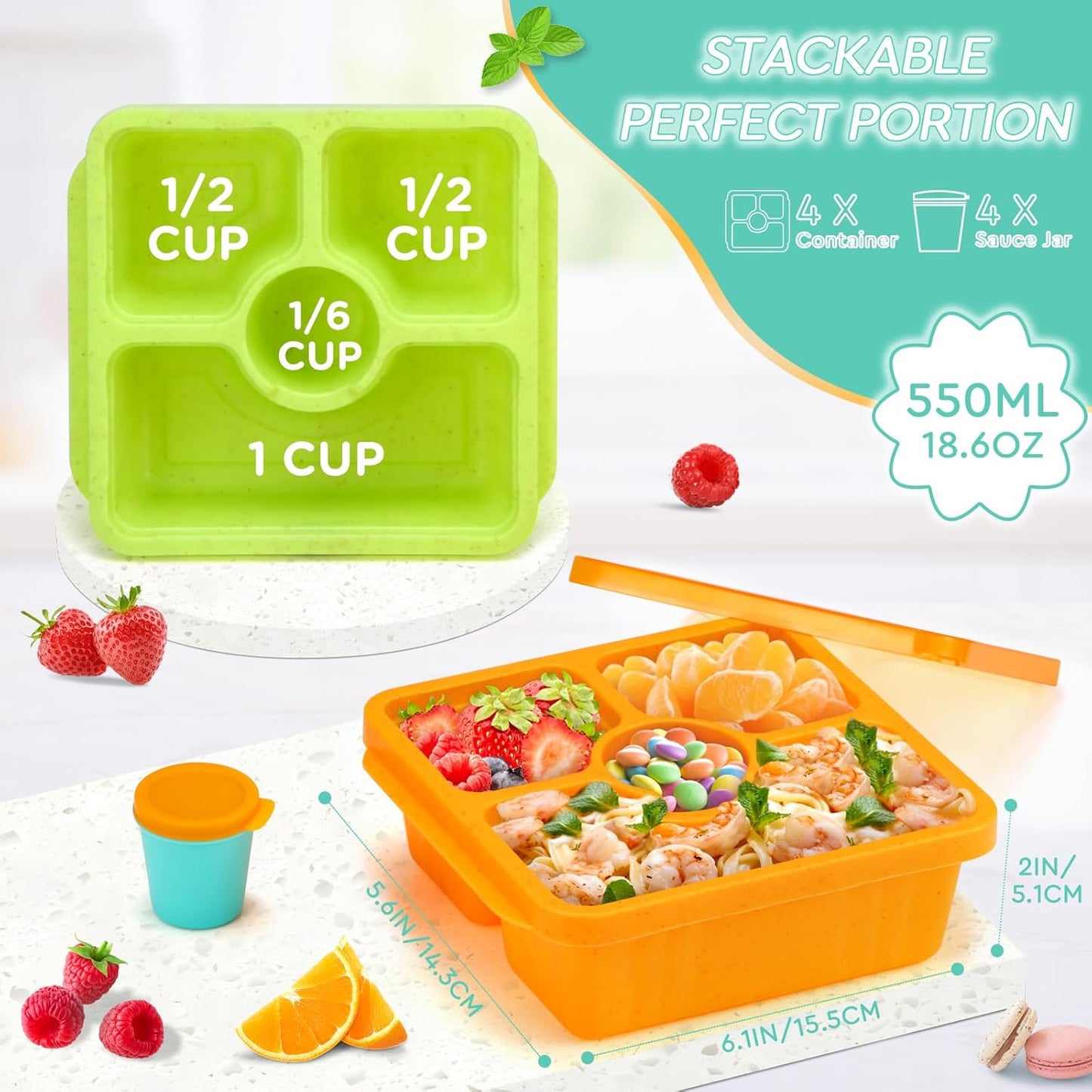 Bento Snack Boxes for Adults & Kids, Lunchable Meal Prep Containers - 4 Pack Divided Food Storage with Lids, Stackable Lunch Boxes with Sauce Cups, Jewel