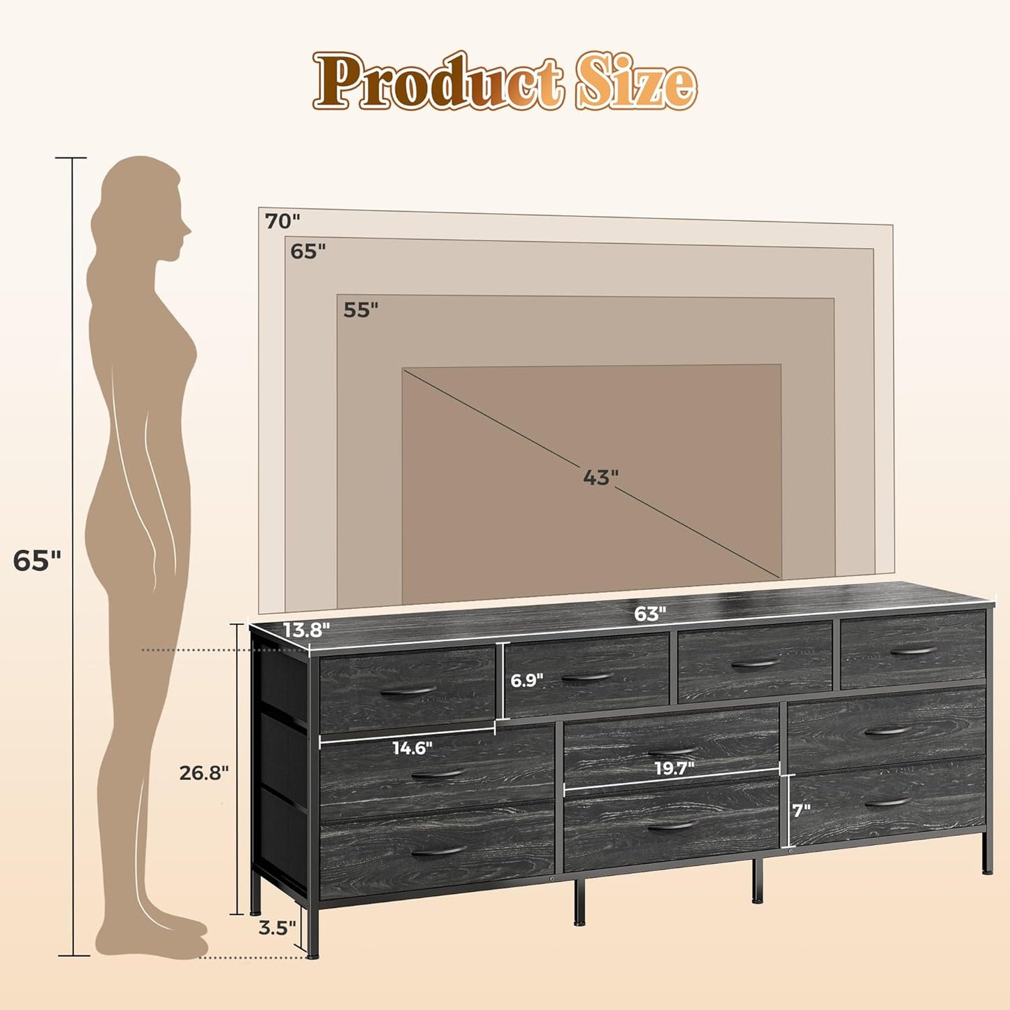 63-Inch Charcoal Black Wood Grain Dresser with 10 Fabric Drawers - Versatile Storage Solution for Bedroom and Living Room, Accommodates 55 to 70 Inch TVs