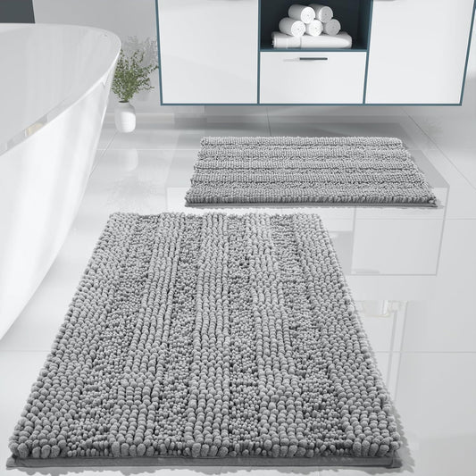 Washable Bathroom Rugs Sets 2 Piece, Non Slip Quick Dry Absorbent Bath Mat Set, Plush Chenille Luxury Shower Rugs for Bathroom Floor Sink Tub and Shower Outside(Gray, 20" X 32"+17" X 24")