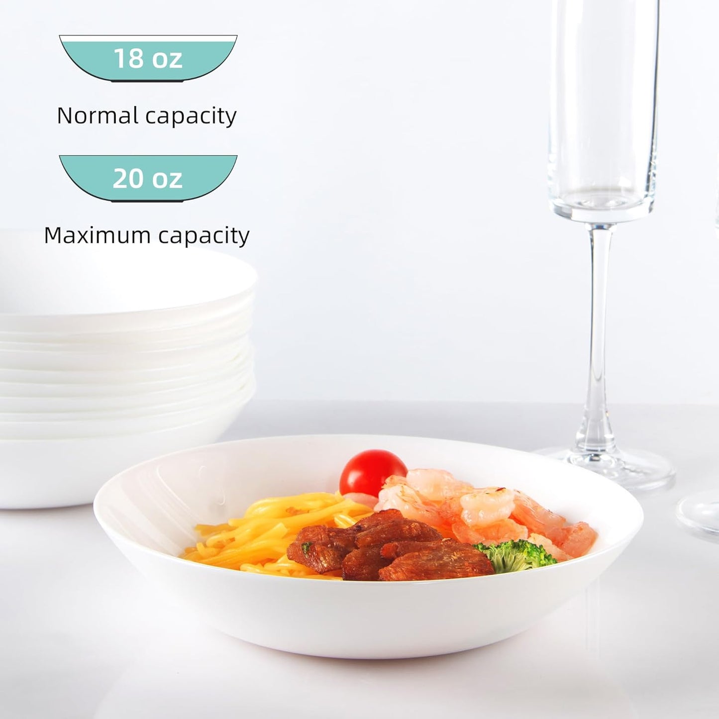 Set of 4 Tempered Glass Pasta and Salad Bowls, 7.8-Inch Round Serving Bowls, Microwave and Dishwasher Safe