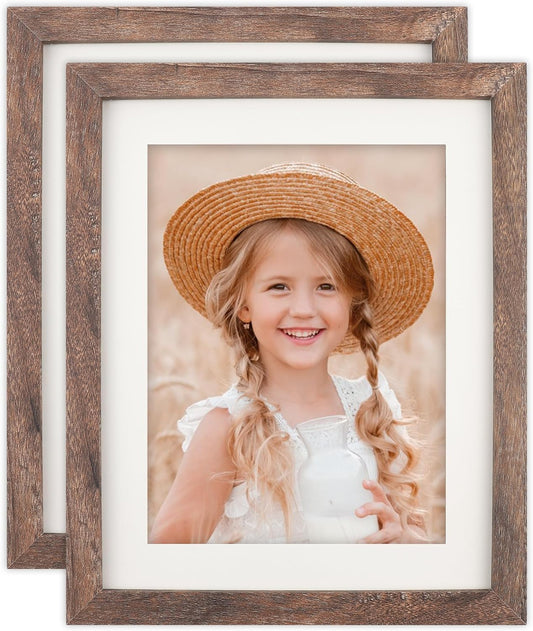 Brown Wood 8x10 Picture Frames with Mat for 6x8 Photos or Without Mat for 8x10 Photos, Distressed Finish, Set of 2 for Wall and Tabletop Display