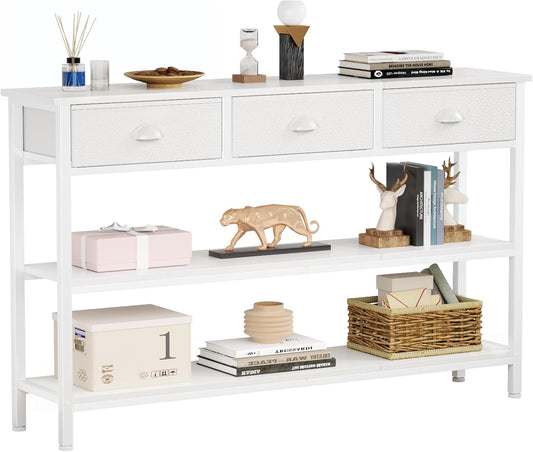 White Long 47" Console Sofa Table with 3 Drawers, Entryway Table with 3-Tier Storage Shelves, Display Shelf for Entry Way, Hallway, Couch, Living Room, Kitchen, Foyer