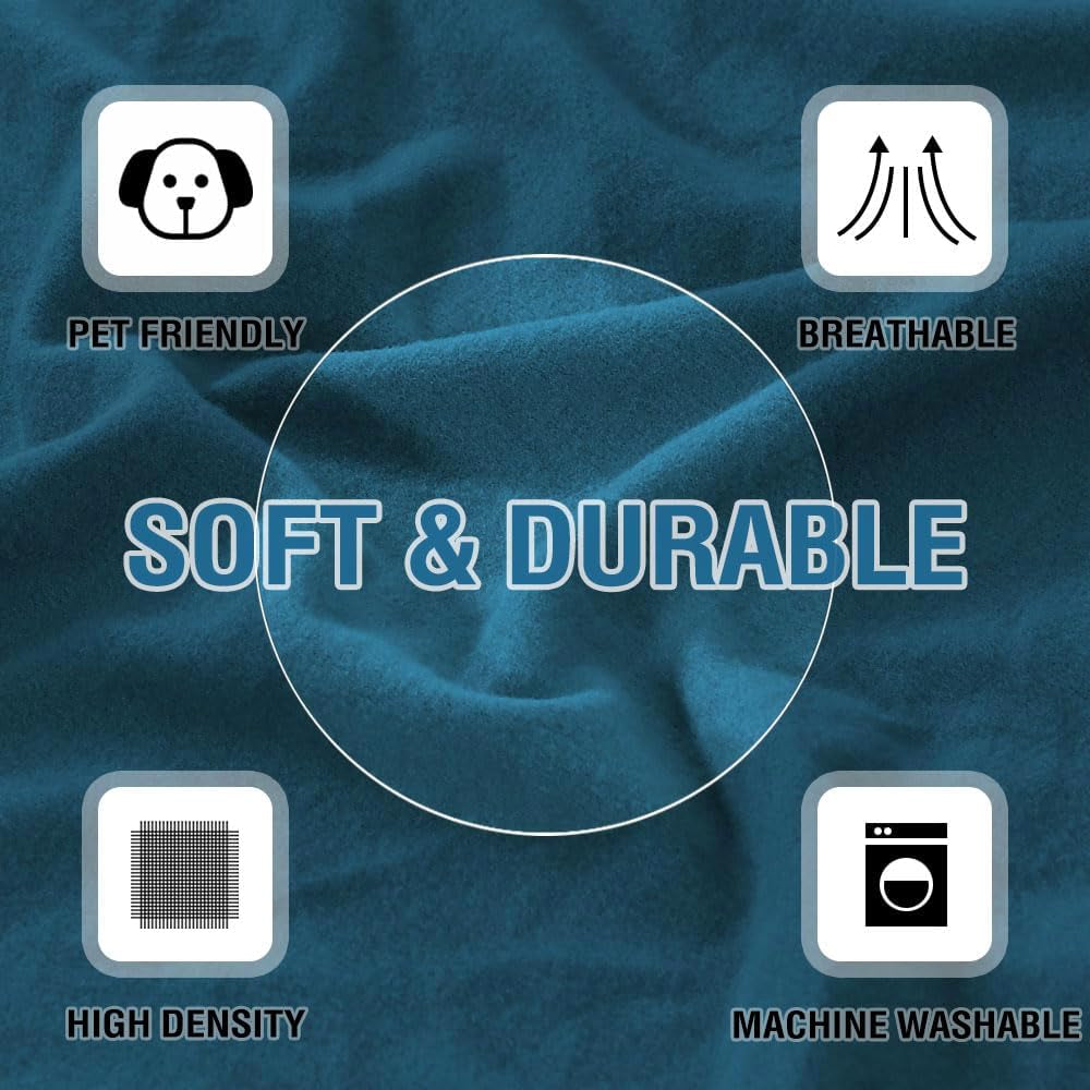 100% Waterproof Ottoman Cover Rectangle Stretch Velvet Ottoman Slipcovers for Living Room with Nonslip Elastic Bottom Furniture Protector Thick Soft Fleece Fabric (Large, Peacock Blue)