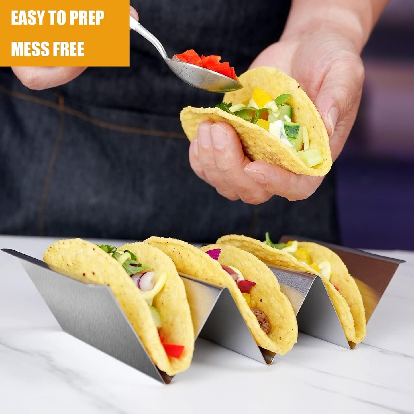 Taco Holders Set of 5, Taco Stand, Stainless Steel Taco Holder, with Easy-Access Handle, Each Can Hold 2 to 3 Tortillas, Oven Safe for Baking, Dishwasher and Microwave Safety