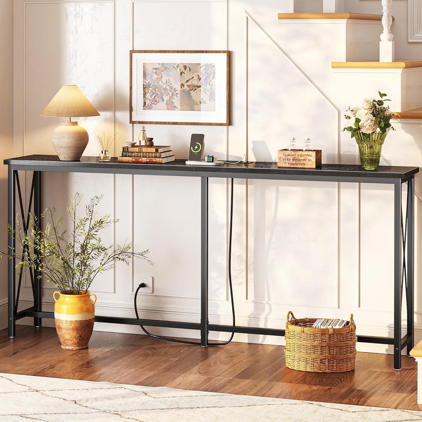 70-Inch Console Table with Outlets and USB-C Port, Extra Long X-Shaped Design for Entryway and Living Room, Metal Frame with Wooden Top, Black Finish