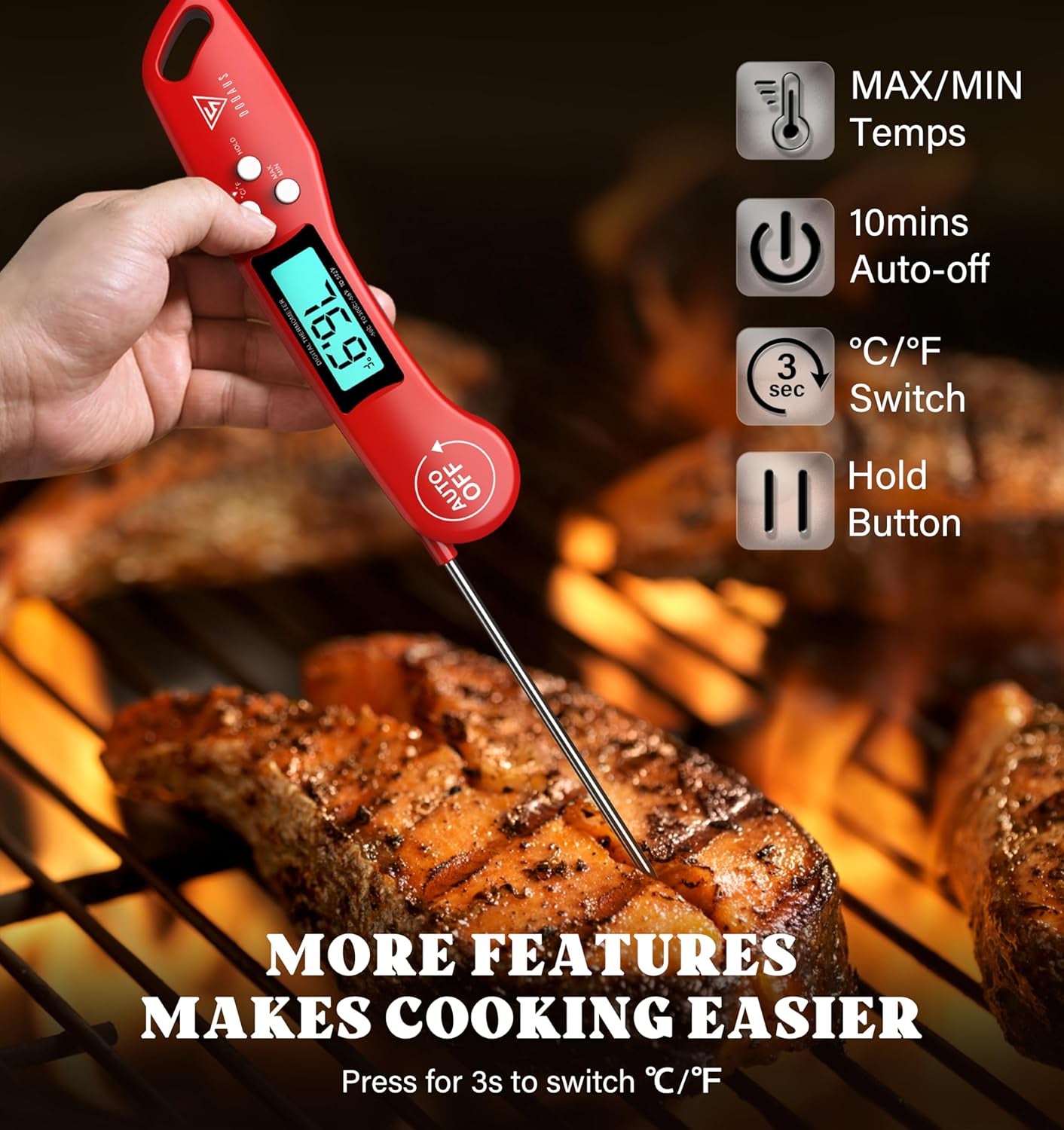 Digital Meat Thermometer, Instant Read Food Thermometers for Cooking, Kitchen Probe with Backlit & Reversible Display, Wide Temperature Range for Turkey, Grill, BBQ, Baking, Bread, Sourdough