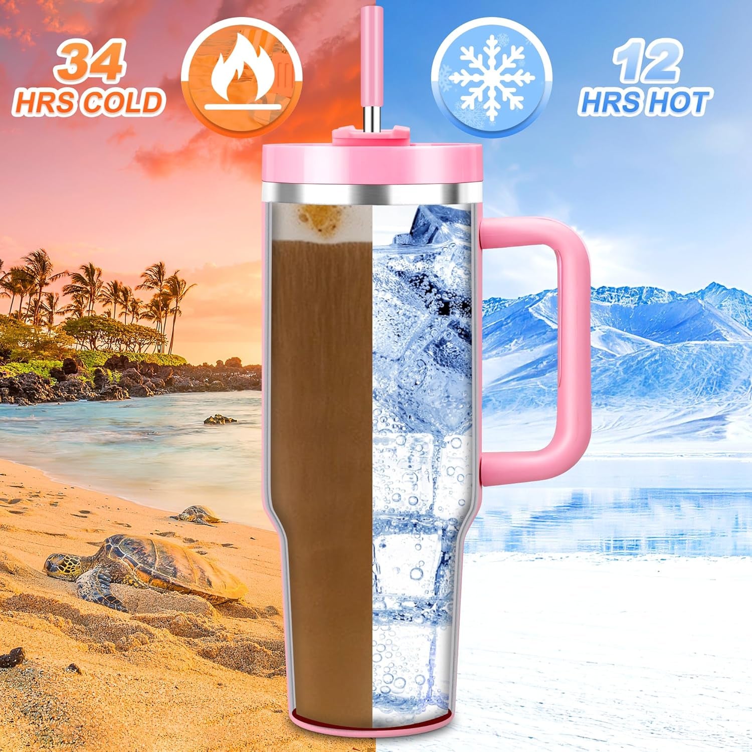40 Oz Tumbler with Handle and Straw, 2 in 1 Lid, Vacuum Insulated Stainless Steel Double Wall Water Bottle Travel Mug - Holiday Gifts for Women Men - Aurora
