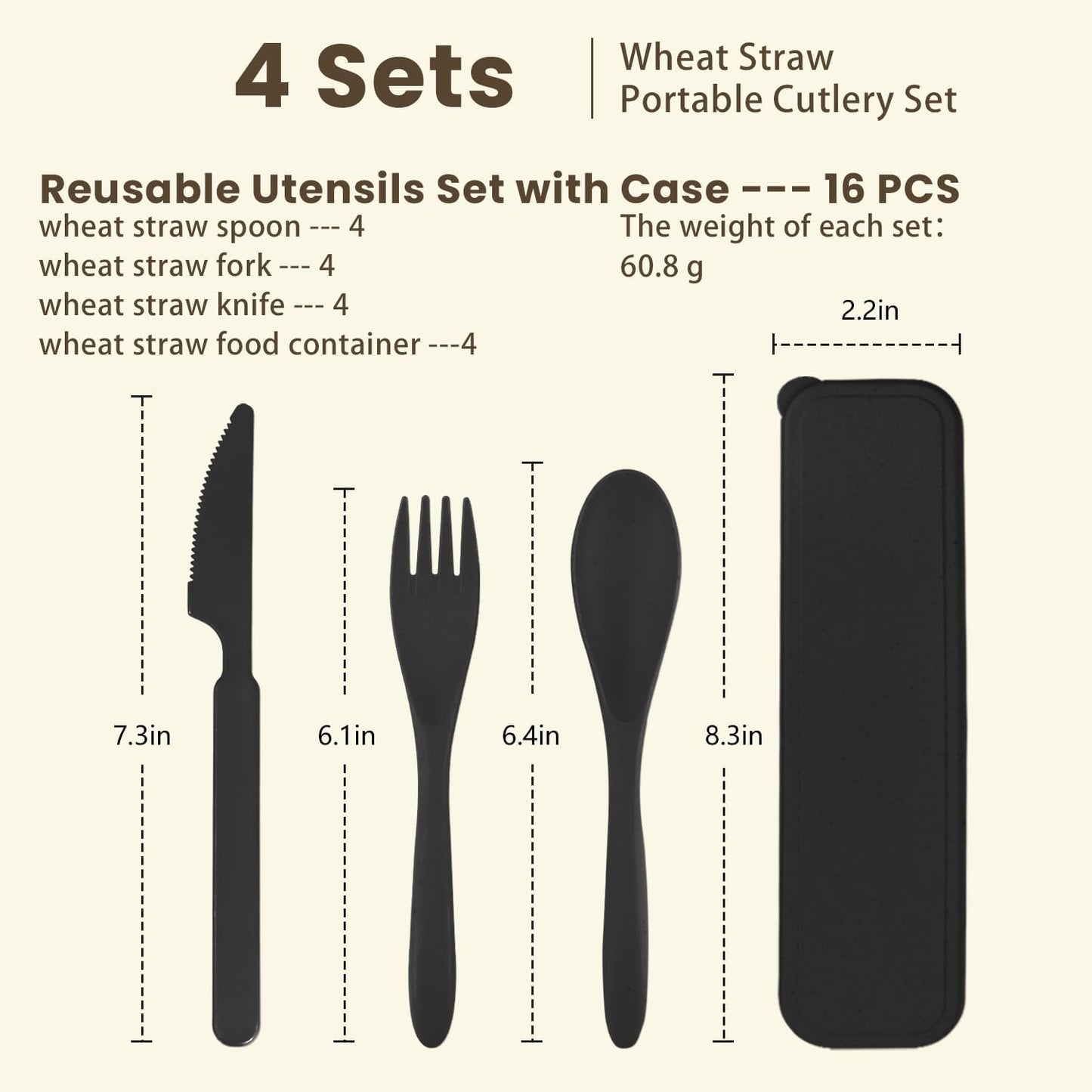 Premium Reusable Travel Utensils Set with Case - 4-Piece Wheat Straw Portable Cutlery for Work, Camping, Picnics, and School (Black)