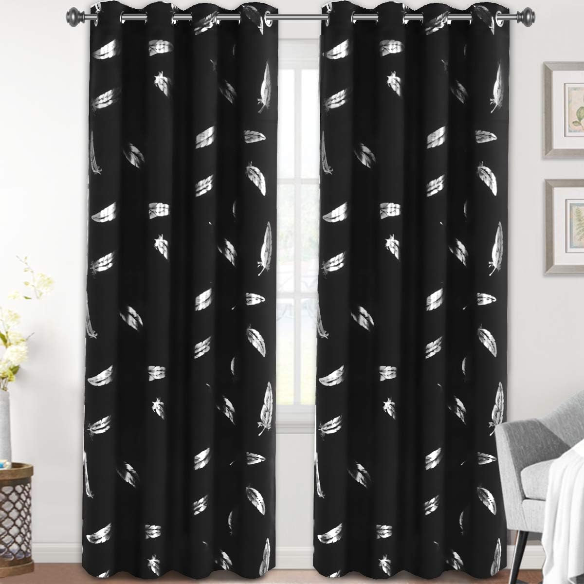 100% Blackout Black Curtains for Bedroom 84 Inches Long Thermal Insulated Window Curtain Drapes for Living Room/Sliding Glass Door, Modern Simple 2 Panels, Black