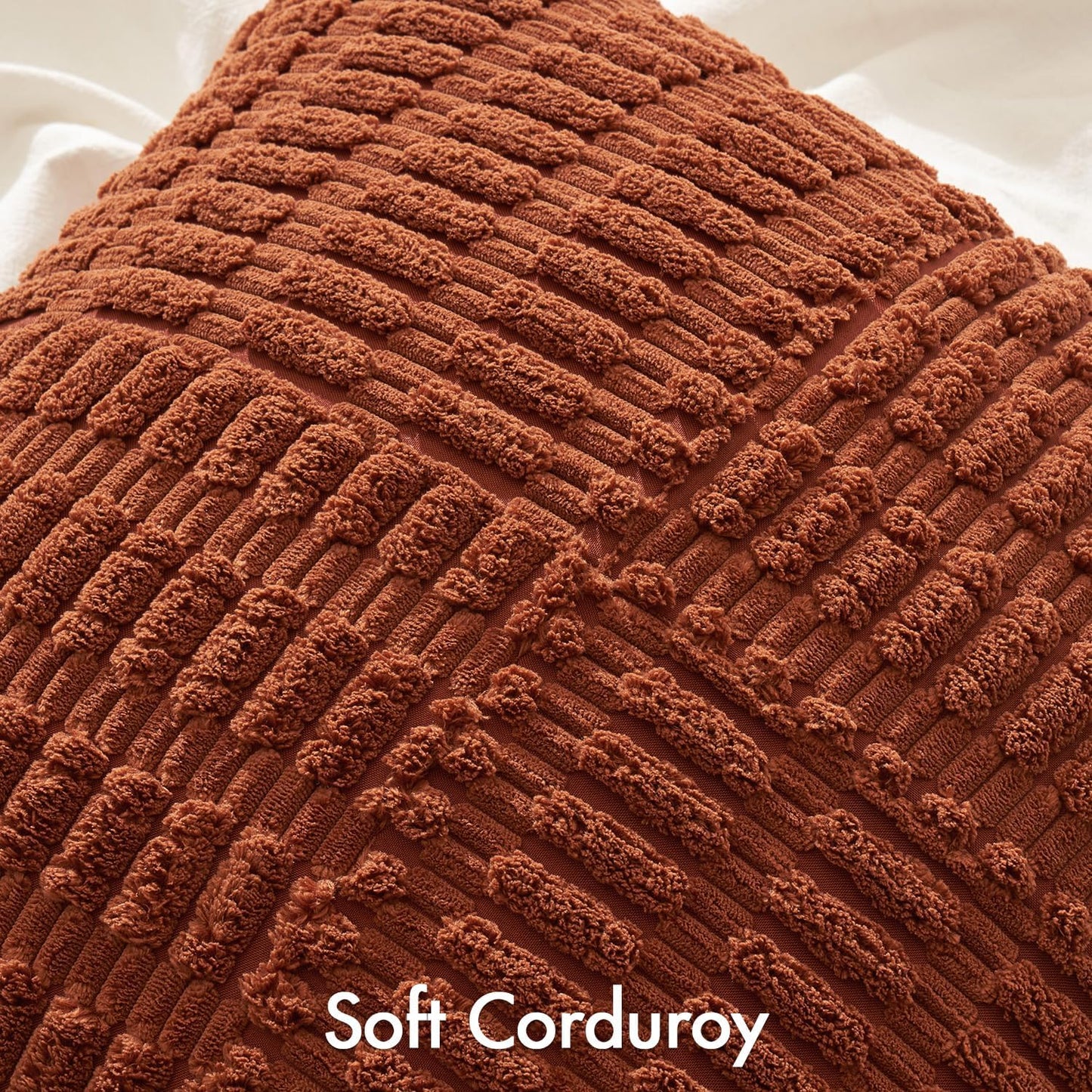 Fall Set of 2 Dark Rust Decorative Pillow Covers 18X18 Inch Textured Striped Patchwork Accents Farmhouse Boho Soft Corduroy Couch Pillows for Sofa Living Room Bed Home Decor